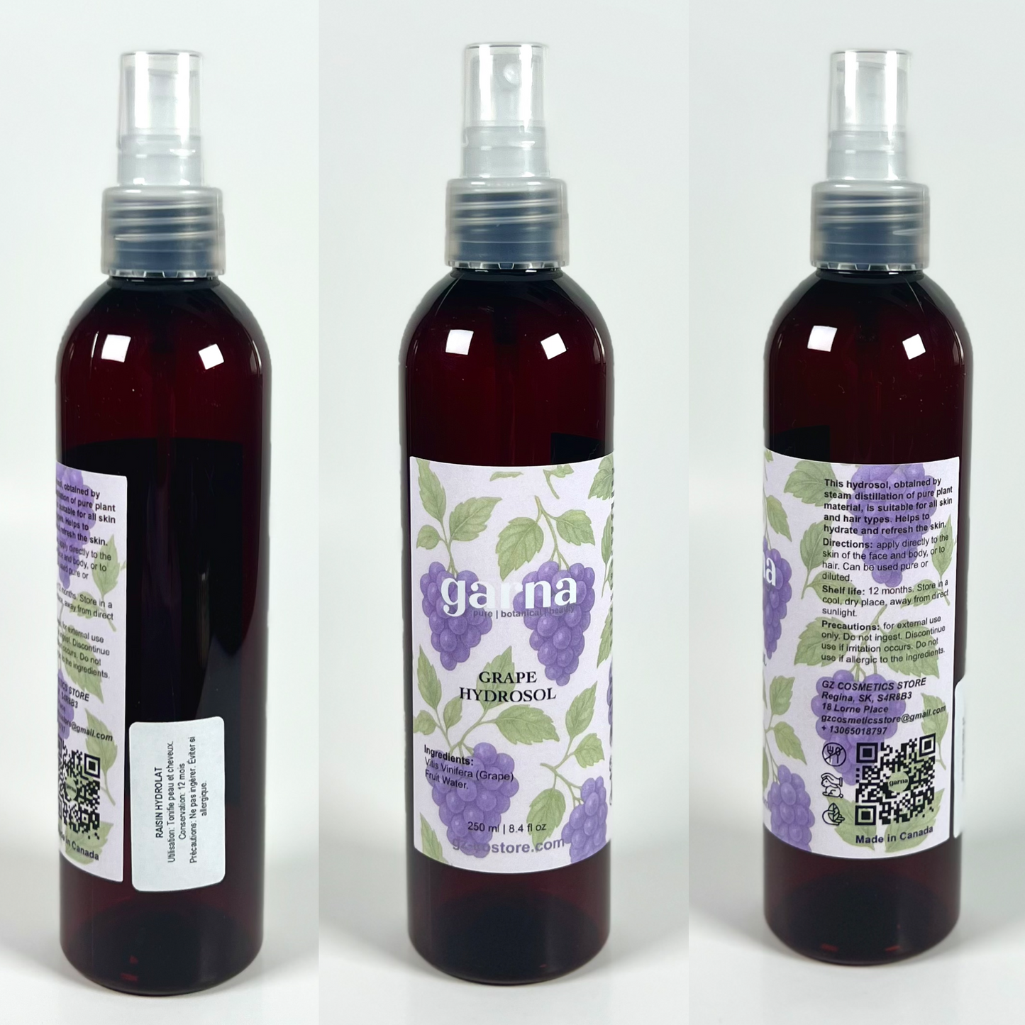 Grape Hydrosol Mist 250ml for Face & Hair by Garna, botanical product photo