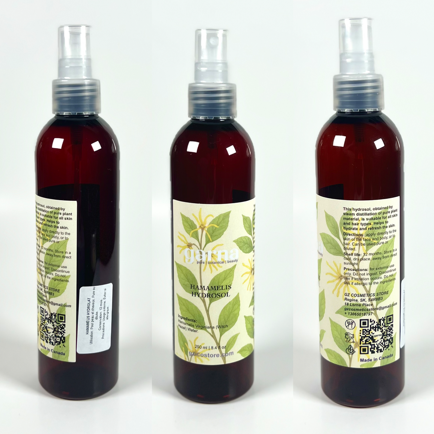 Witch Hazel Hydrosol Mist 250ml for Face & Hair by Garna, botanical product photo