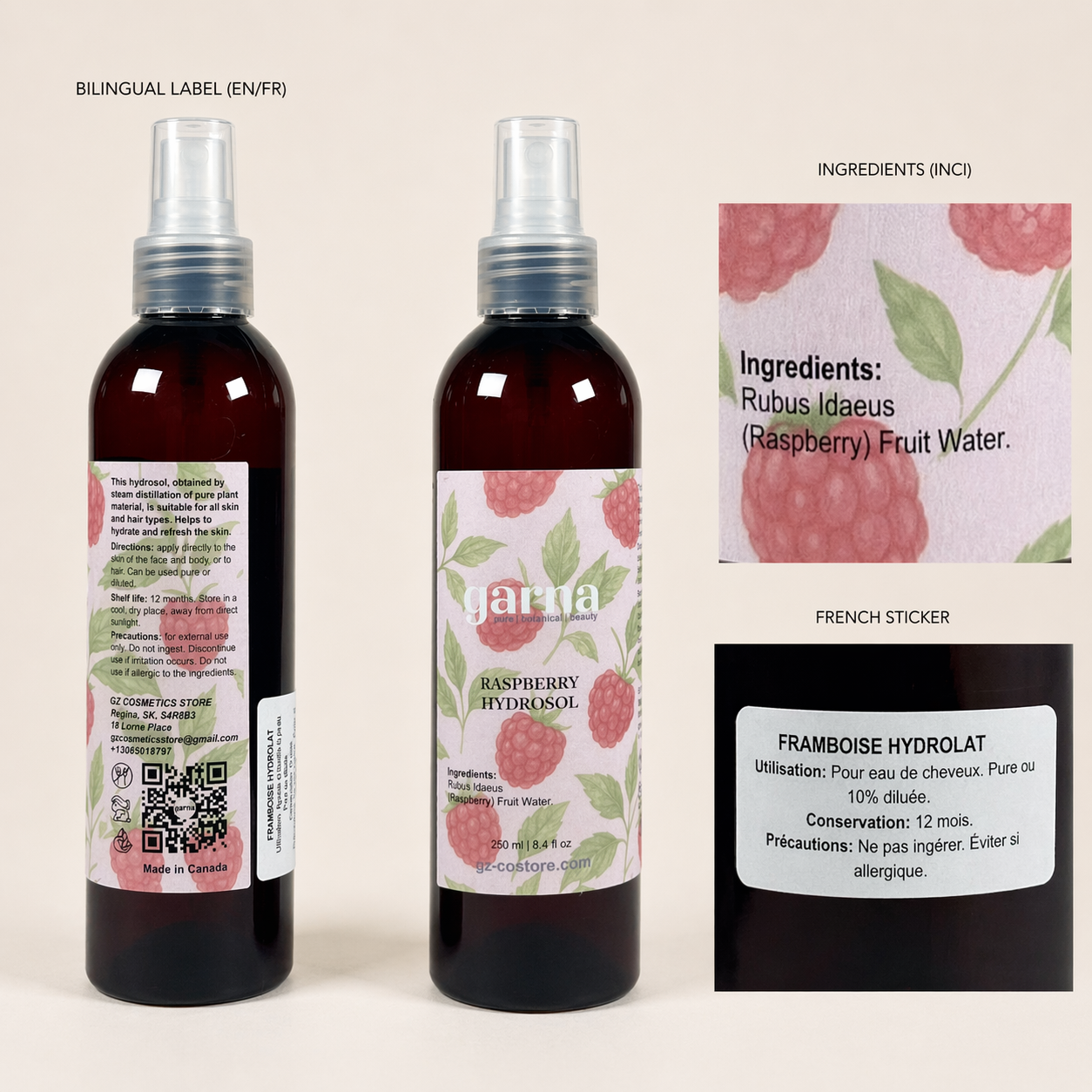 Brume d'hydrolat de framboise de Garna – brume botanique légère pour le visage et les cheveux