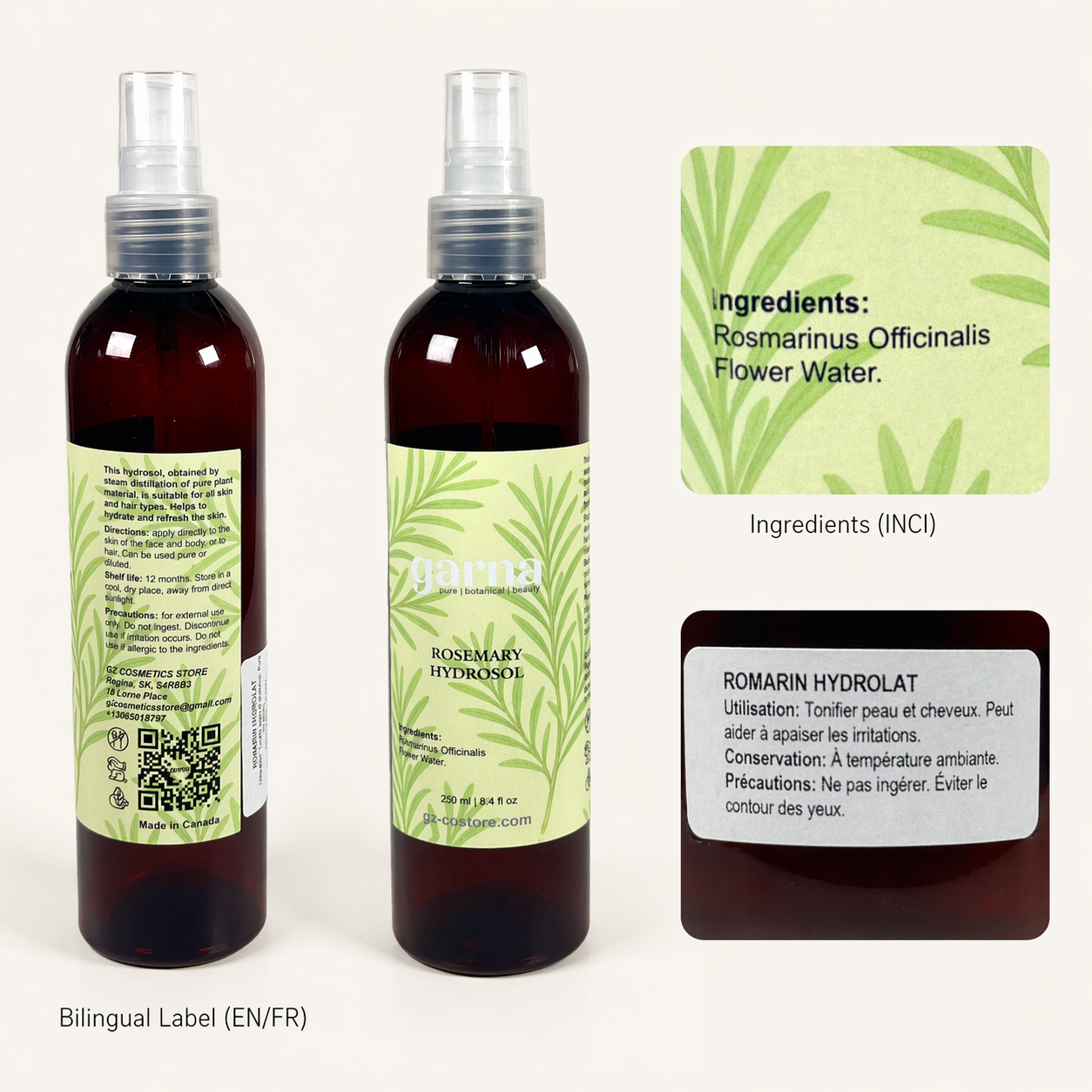 Brume d'hydrolat de romarin de Garna – brume botanique légère pour le visage et les cheveux