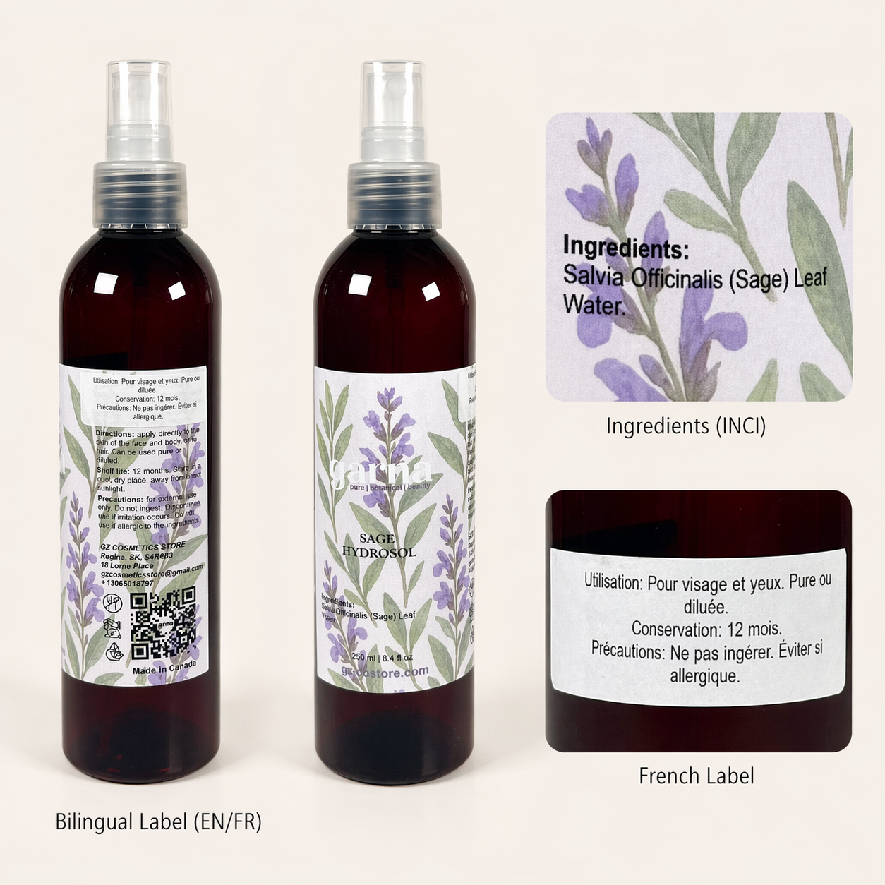 Sage Water Face Mist Spray 250 mL (8.4 fl oz) – Herbal Hydrosol for Face & Hair, Lightweight Daily Mist