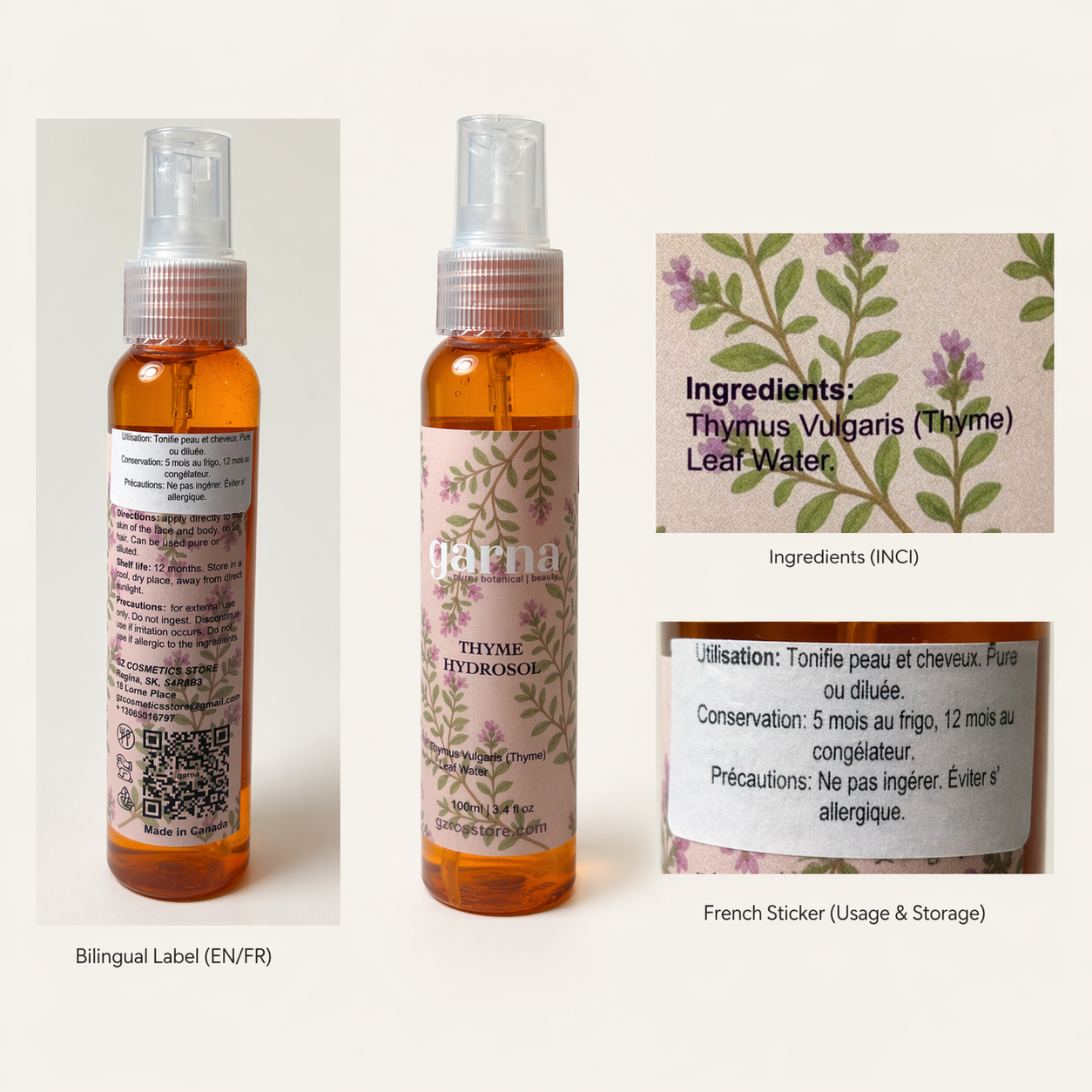 Brume d'hydrolat de thym de Garna – Brume botanique pour le visage et les cheveux, à utiliser quotidiennement