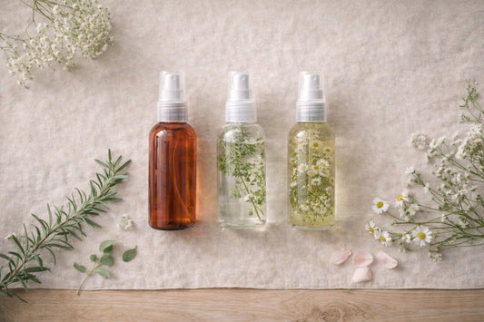 Botanical hydrosol in glass bottle used in natural skincare routine