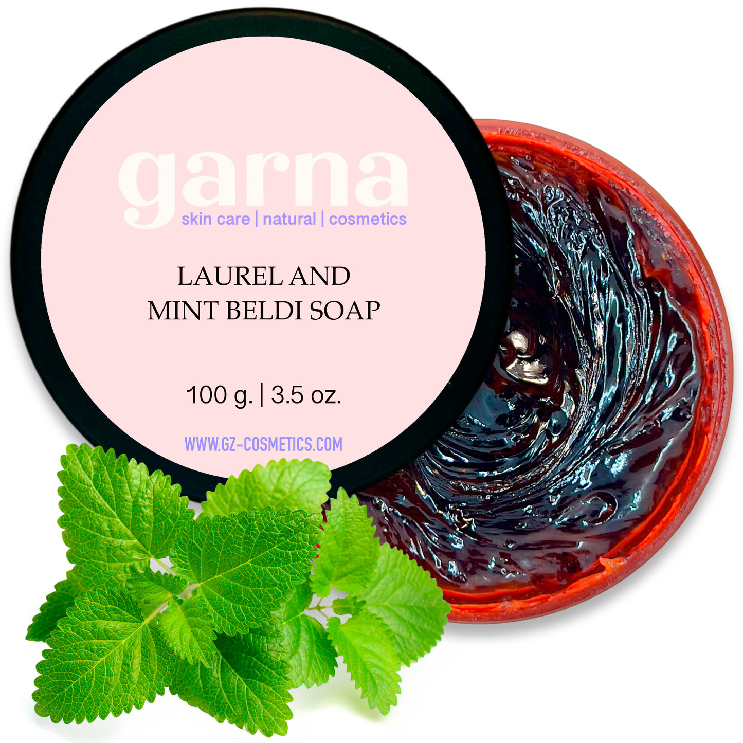 Garna Laurel & Mint Beldi Moroccan Black Soap 3.5 oz, Exfoliating Body Peeling with Bay Leaves and Olives - Traditional Hammam Spa Skin Care for Cleansing and Refreshing