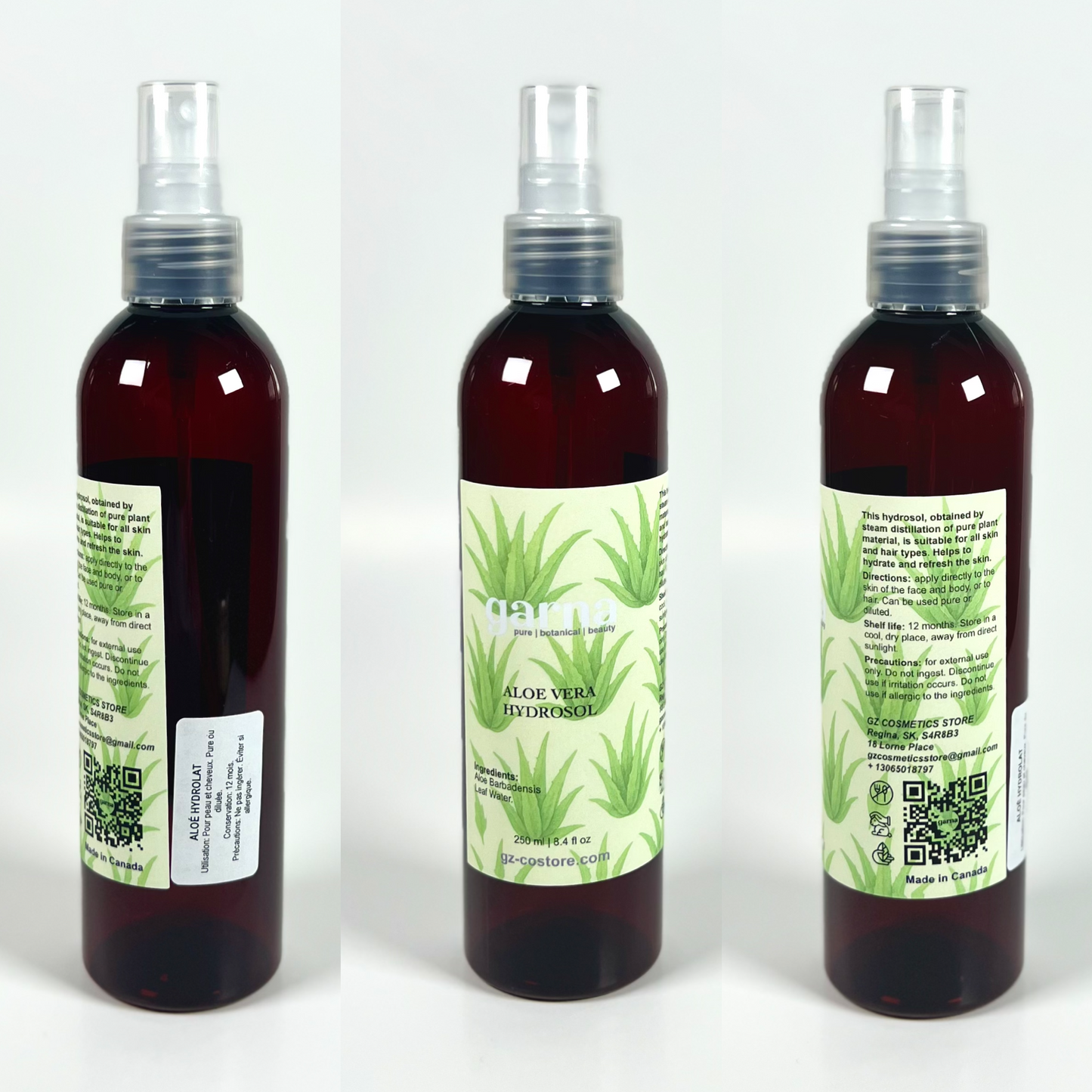 Aloe Hydrosol Mist 250ml for Face & Hair by Garna, botanical product photo