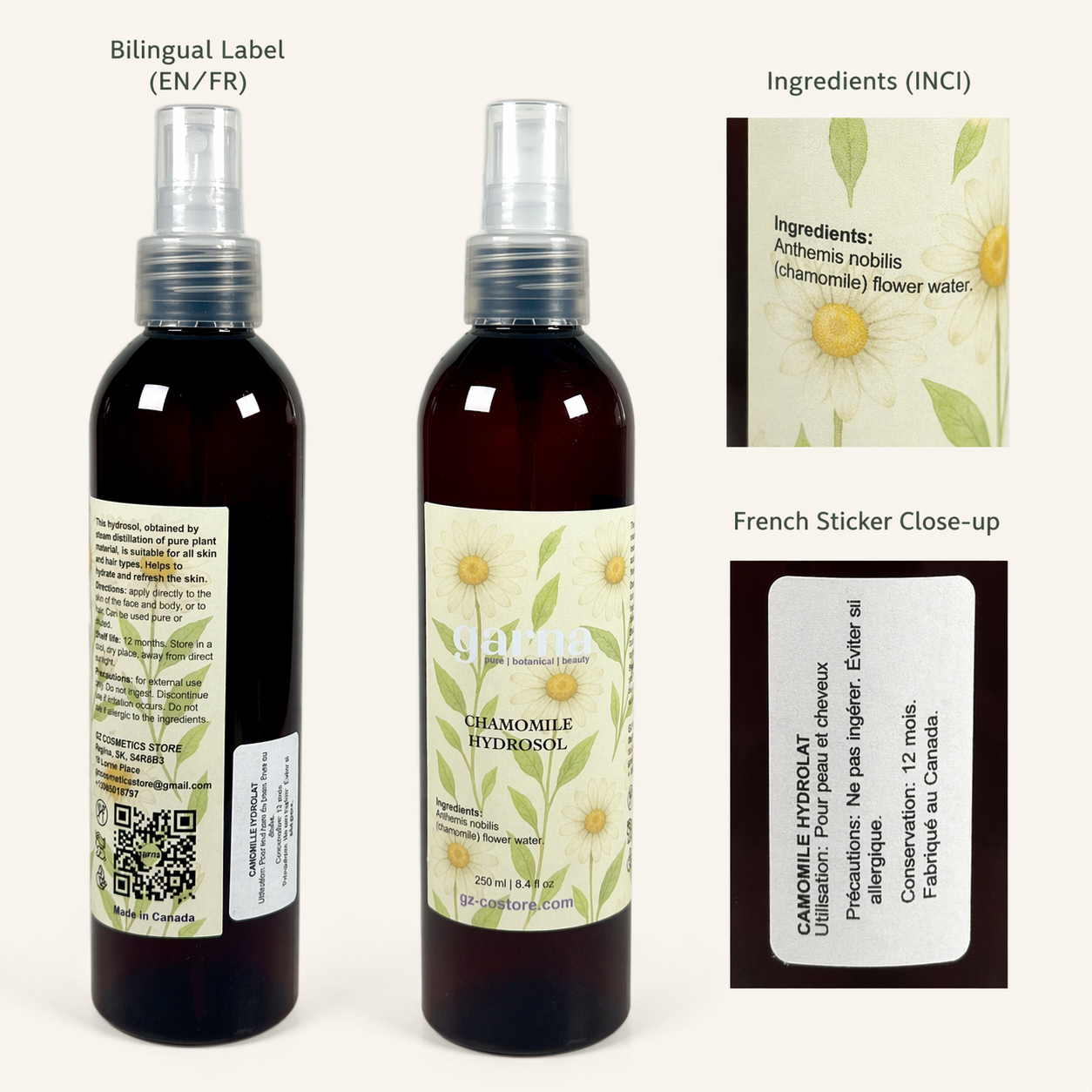 Chamomile Water Face Mist Spray 250 mL (8.4 fl oz) – Floral Hydrosol for Face & Hair, Lightweight Daily Mist