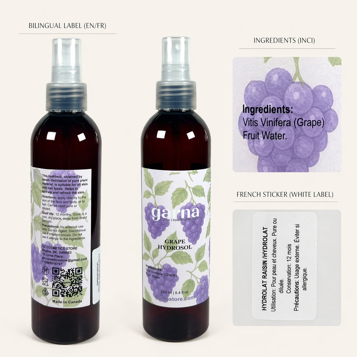 Grape Water Face Mist Spray 250 mL (8.4 fl oz) – Botanical Hydrosol for Face & Hair, Lightweight Daily Mist