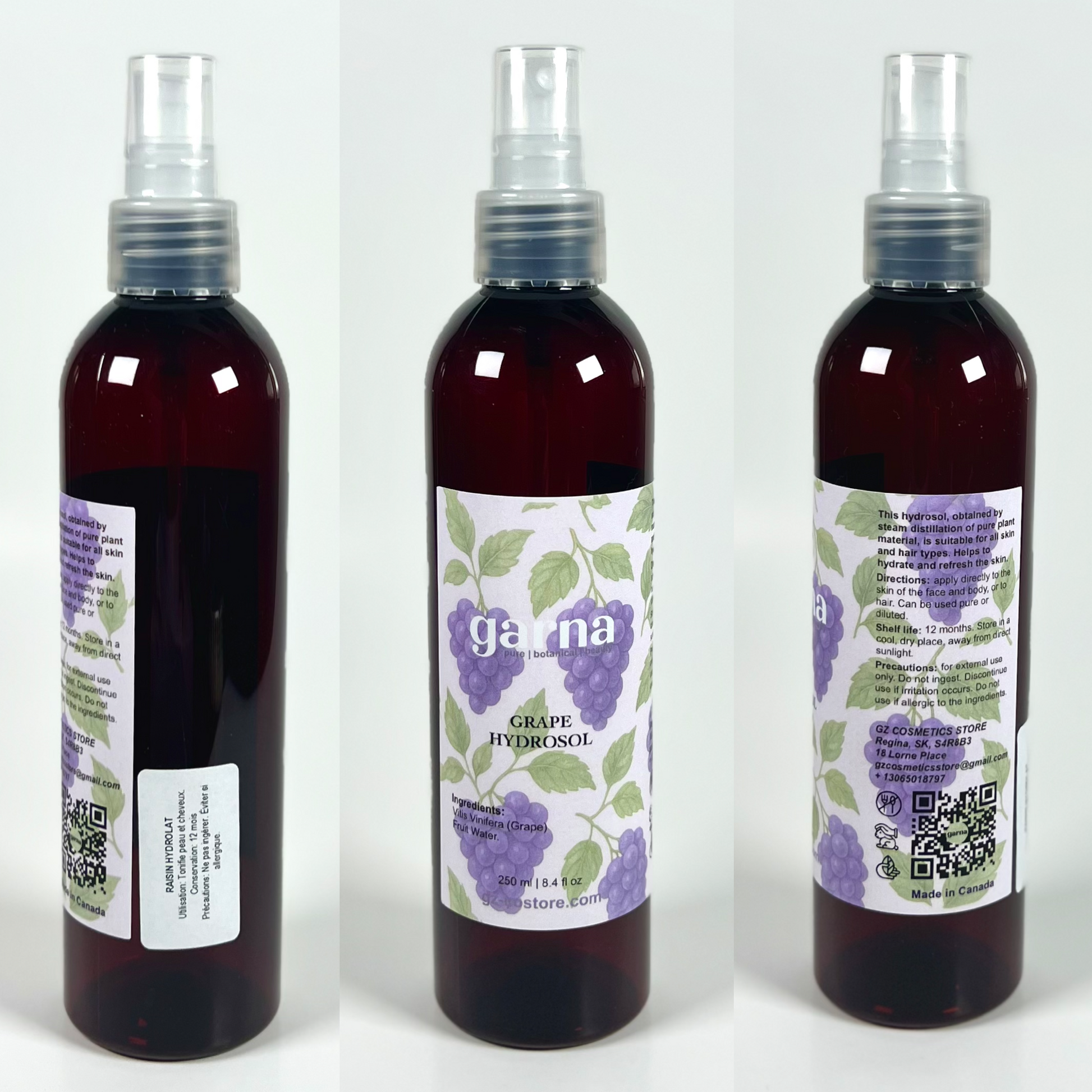 Grape Hydrosol Mist 250ml for Face & Hair by Garna, botanical product photo