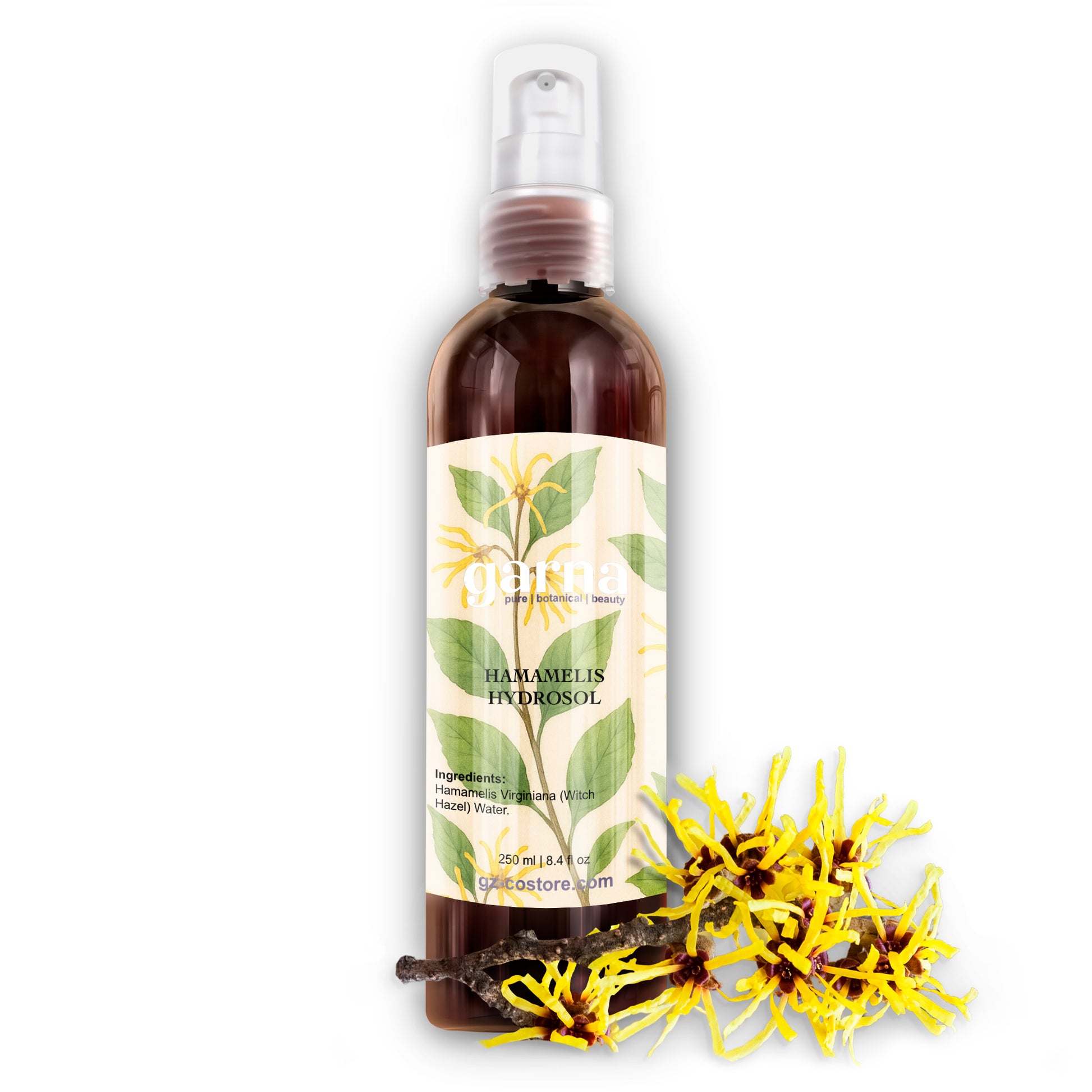 Witch Hazel Hydrosol Mist 250ml for Face & Hair by Garna, botanical product photo