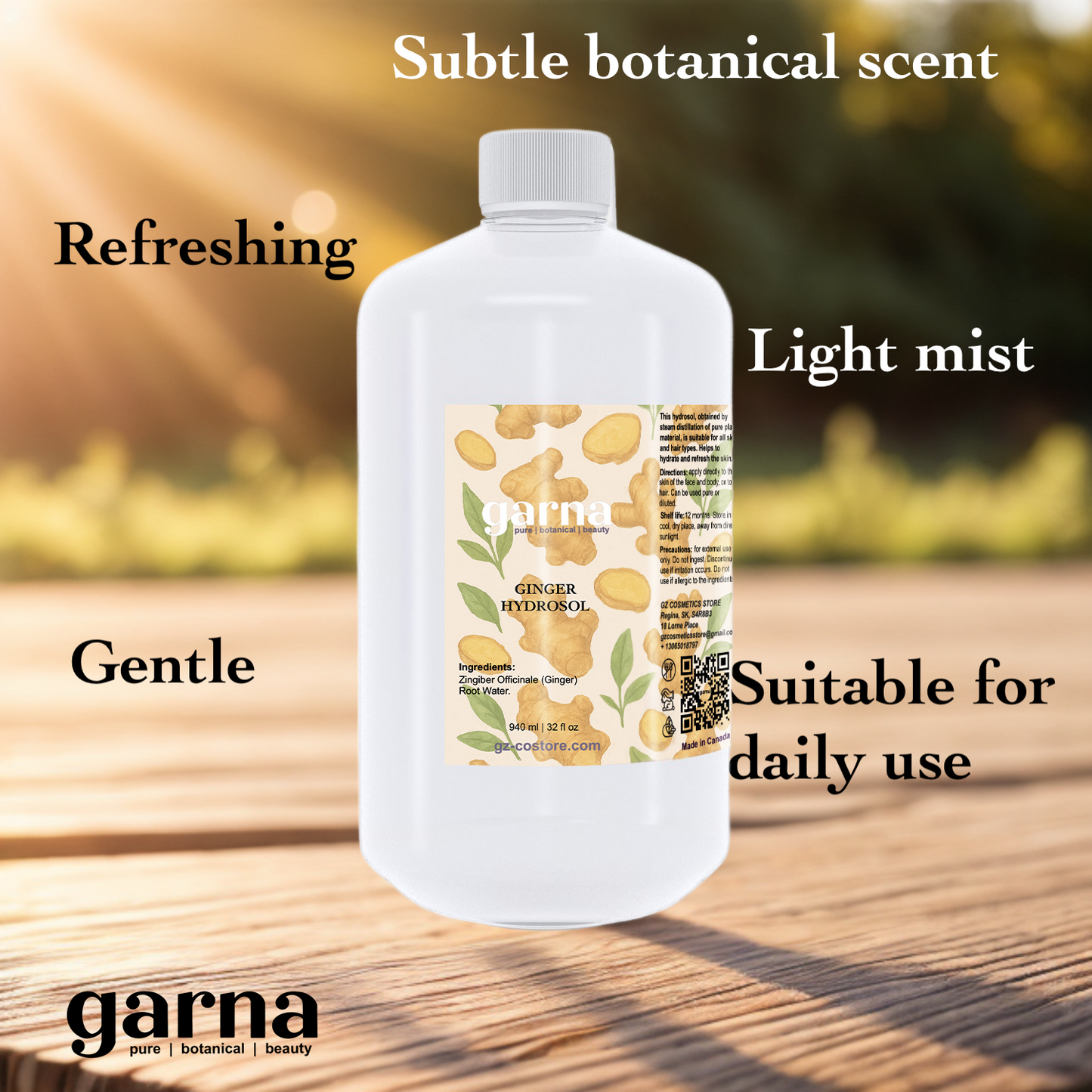Ginger Hydrosol Hydrosol Water by Garna, 32 oz bottle, botanical hydrosol water
