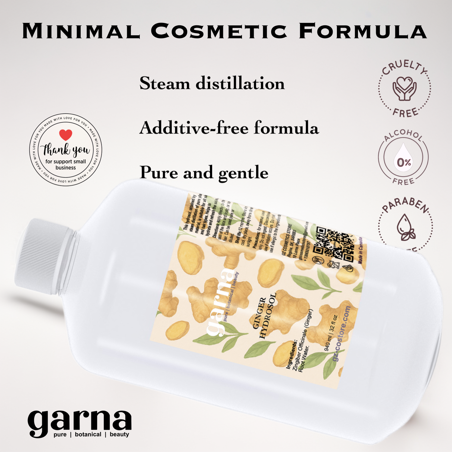 Ginger Hydrosol Hydrosol Water by Garna, 32 oz bottle, botanical hydrosol water