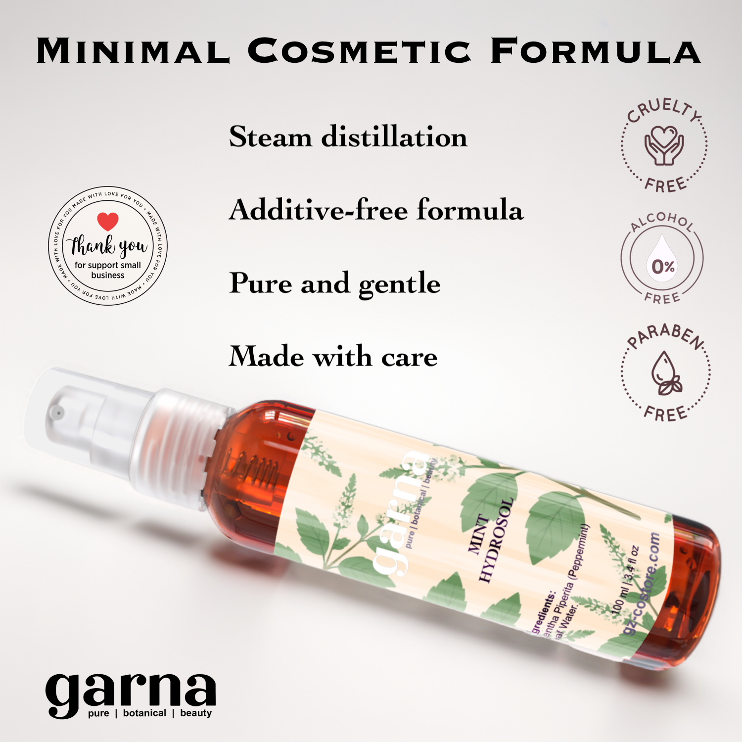 Mint hydrosol mist by Garna, 100 ml spray for face and hair – product photo