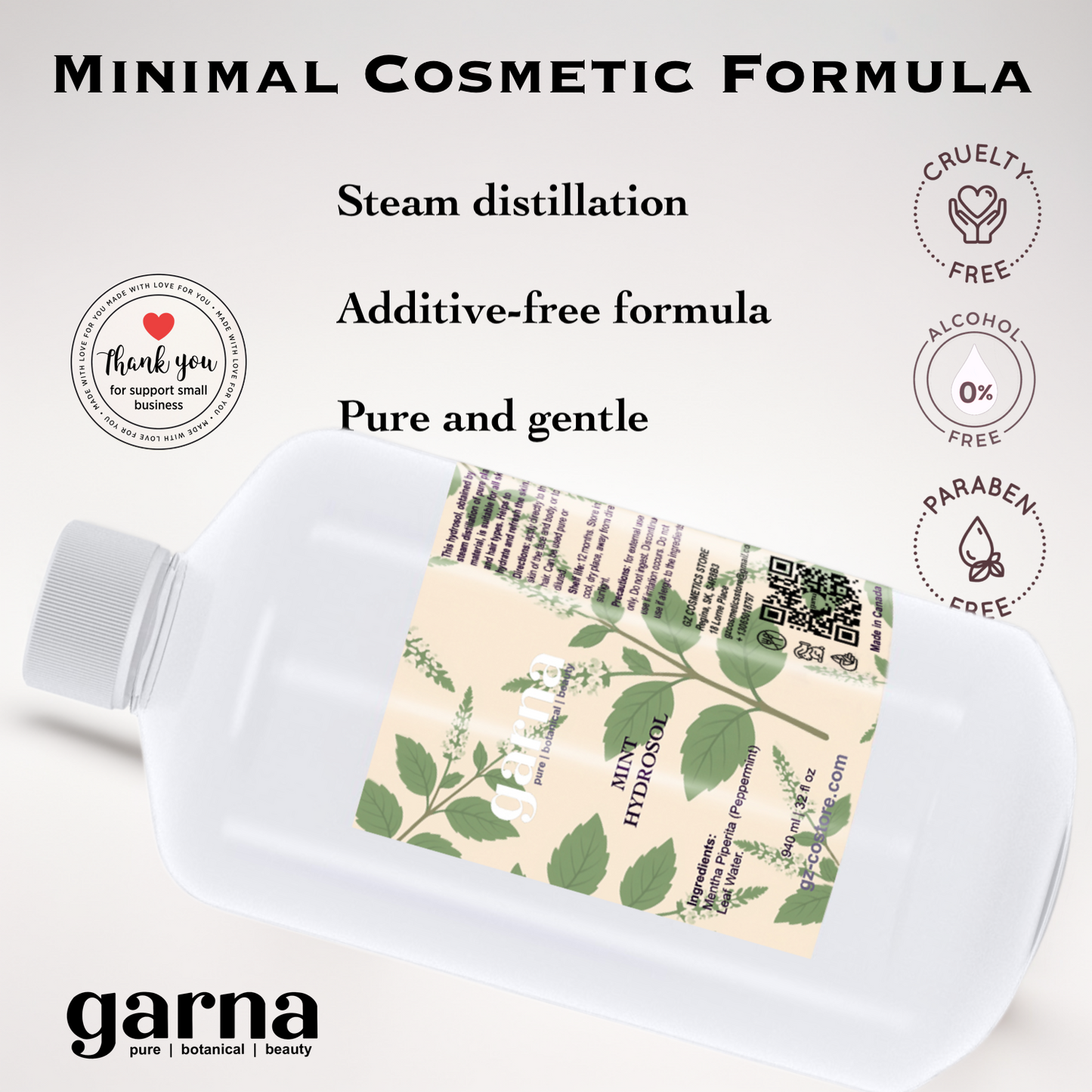 Mint Hydrosol Hydrosol Water by Garna, 32 oz bottle, botanical hydrosol water