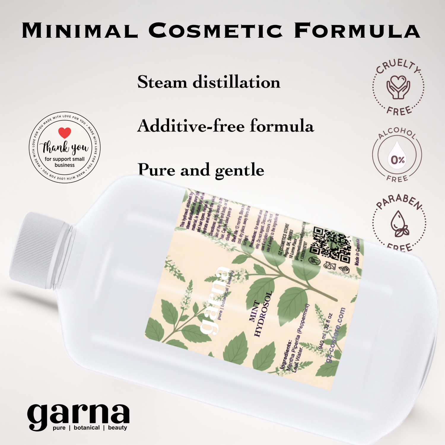 Mint Hydrosol Hydrosol Water by Garna, 32 oz bottle, botanical hydrosol water