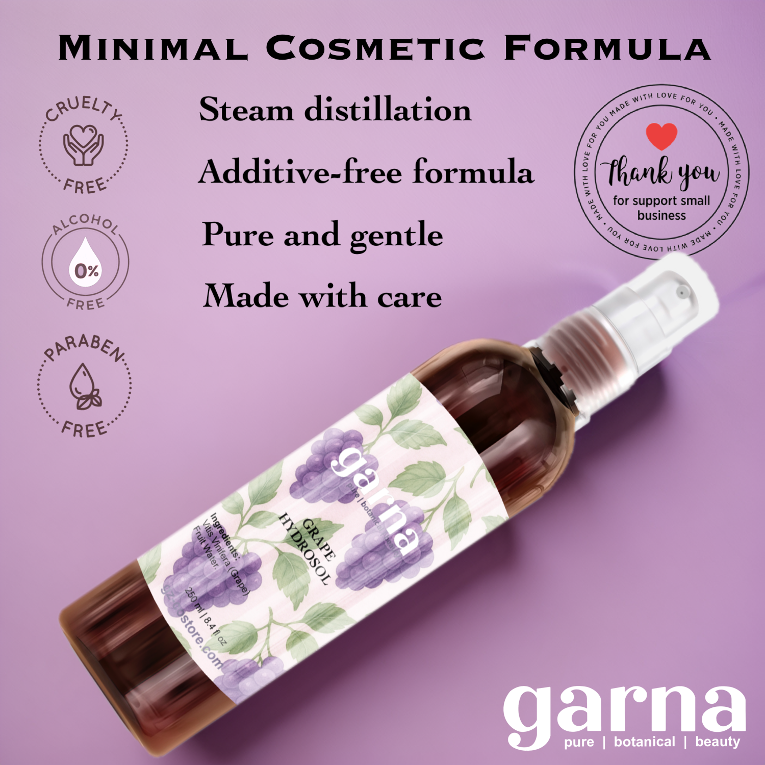 Grape Hydrosol Mist 250ml for Face & Hair by Garna, botanical product photo