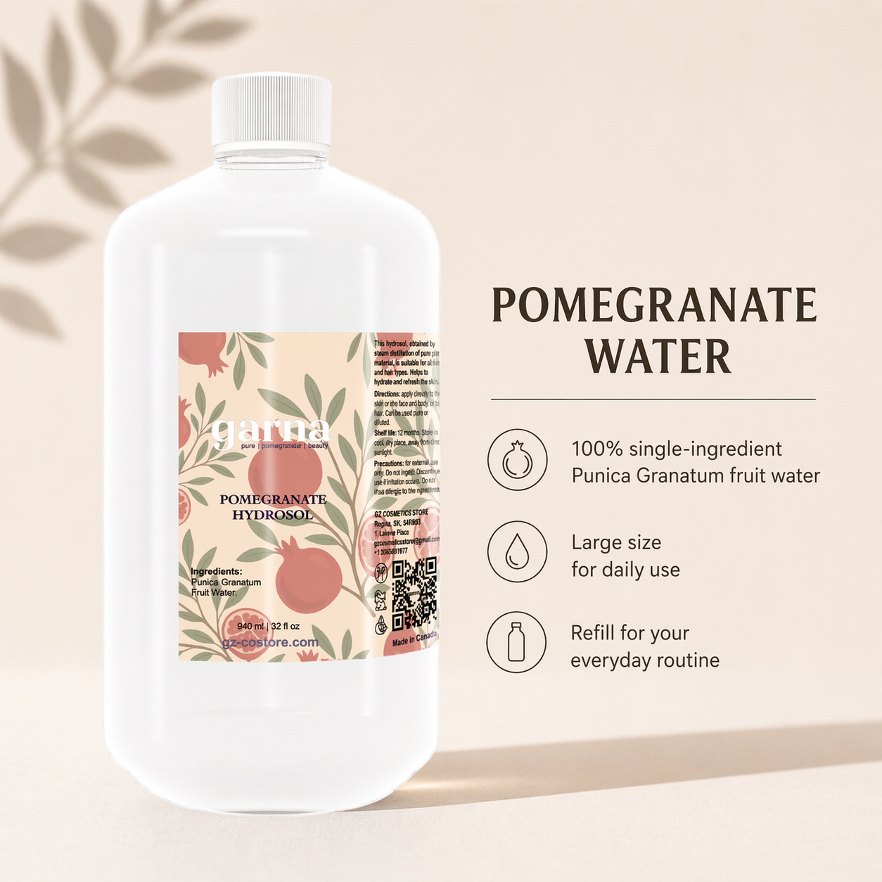 Pomegranate Water Hydrosol 32 fl oz (946 mL) – Herbal Botanical Water for Face & Hair, Bulk Size for DIY Skincare & Refill Use