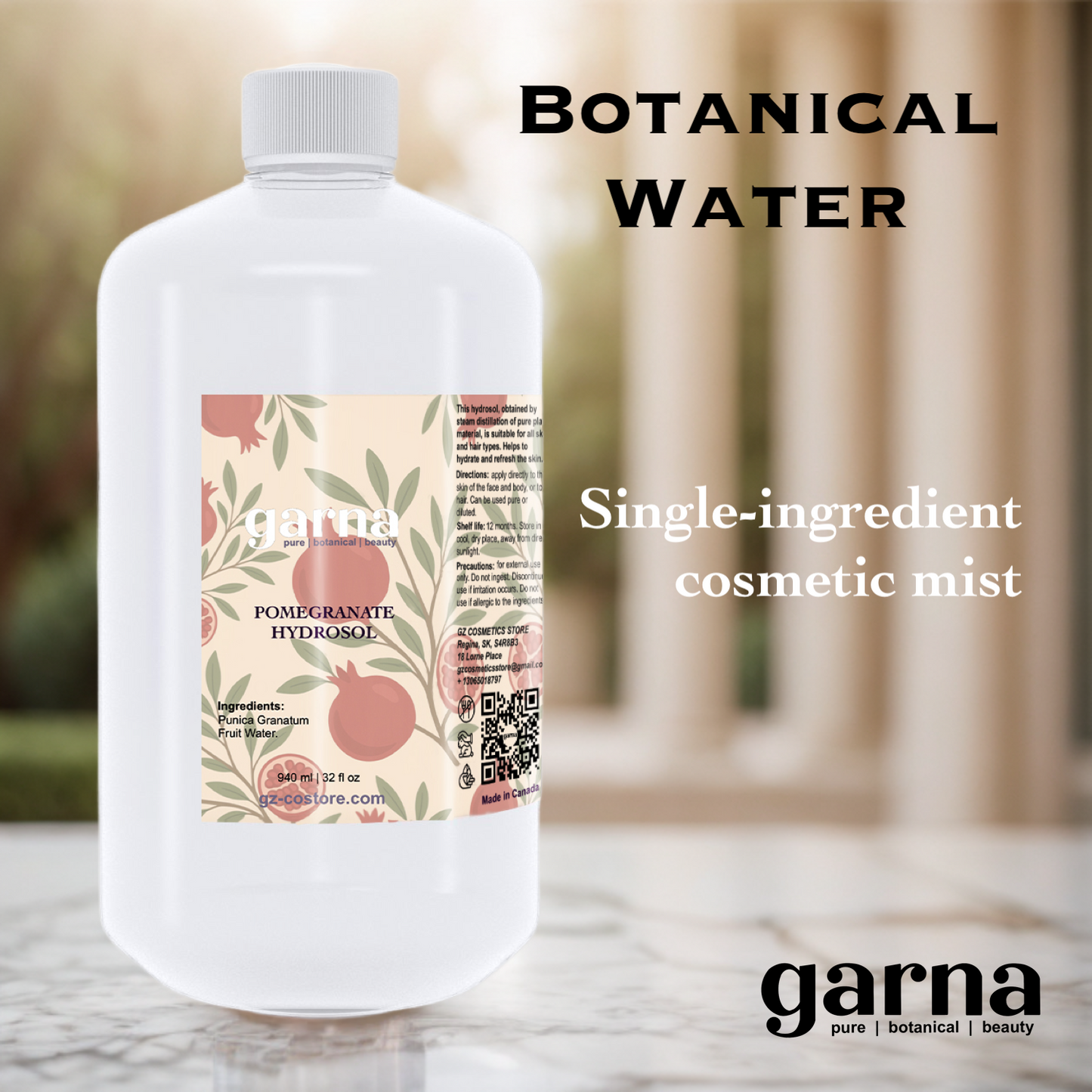 Pomegranate Hydrosol Hydrosol Water by Garna, 32 oz bottle, botanical hydrosol water