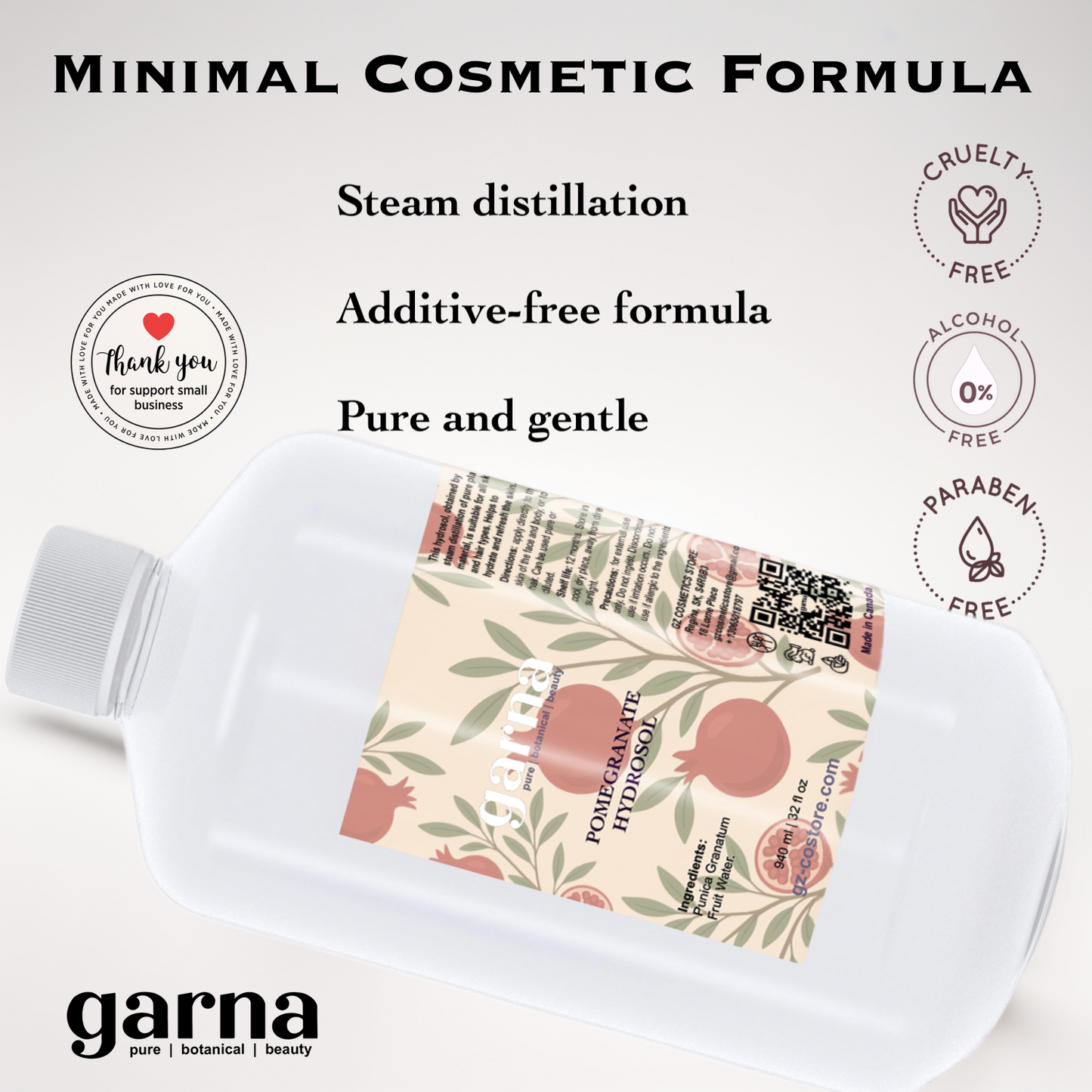 Pomegranate Hydrosol Hydrosol Water by Garna, 32 oz bottle, botanical hydrosol water