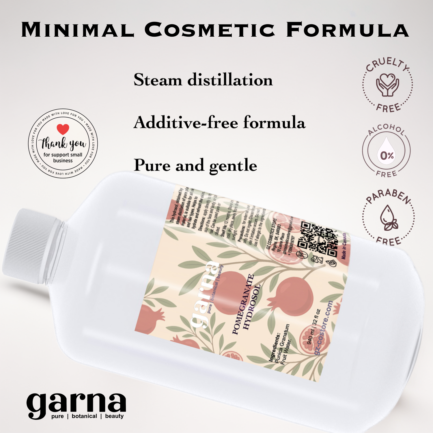 Pomegranate Hydrosol Hydrosol Water by Garna, 32 oz bottle, botanical hydrosol water