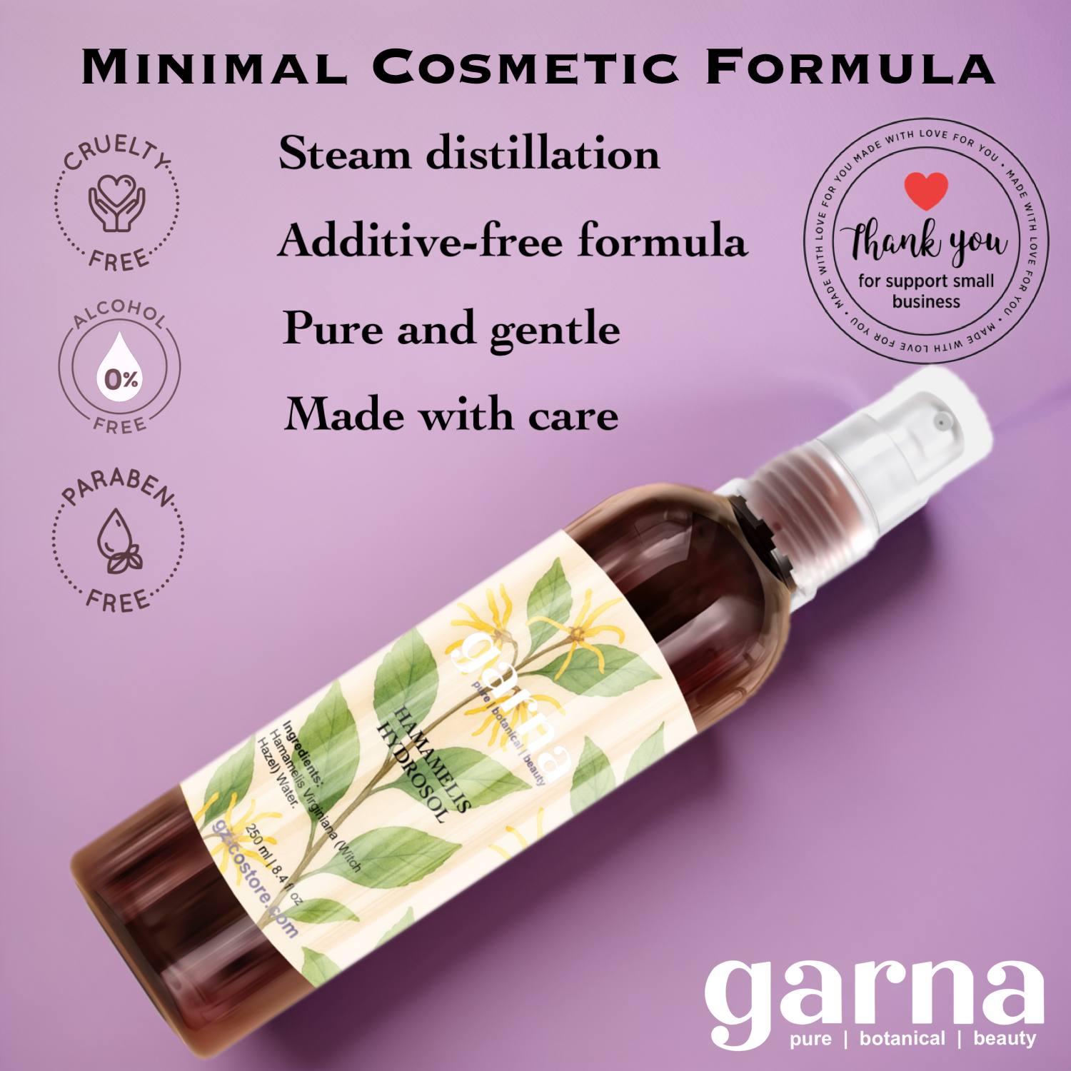 Witch Hazel Hydrosol Mist 250ml for Face & Hair by Garna, botanical product photo