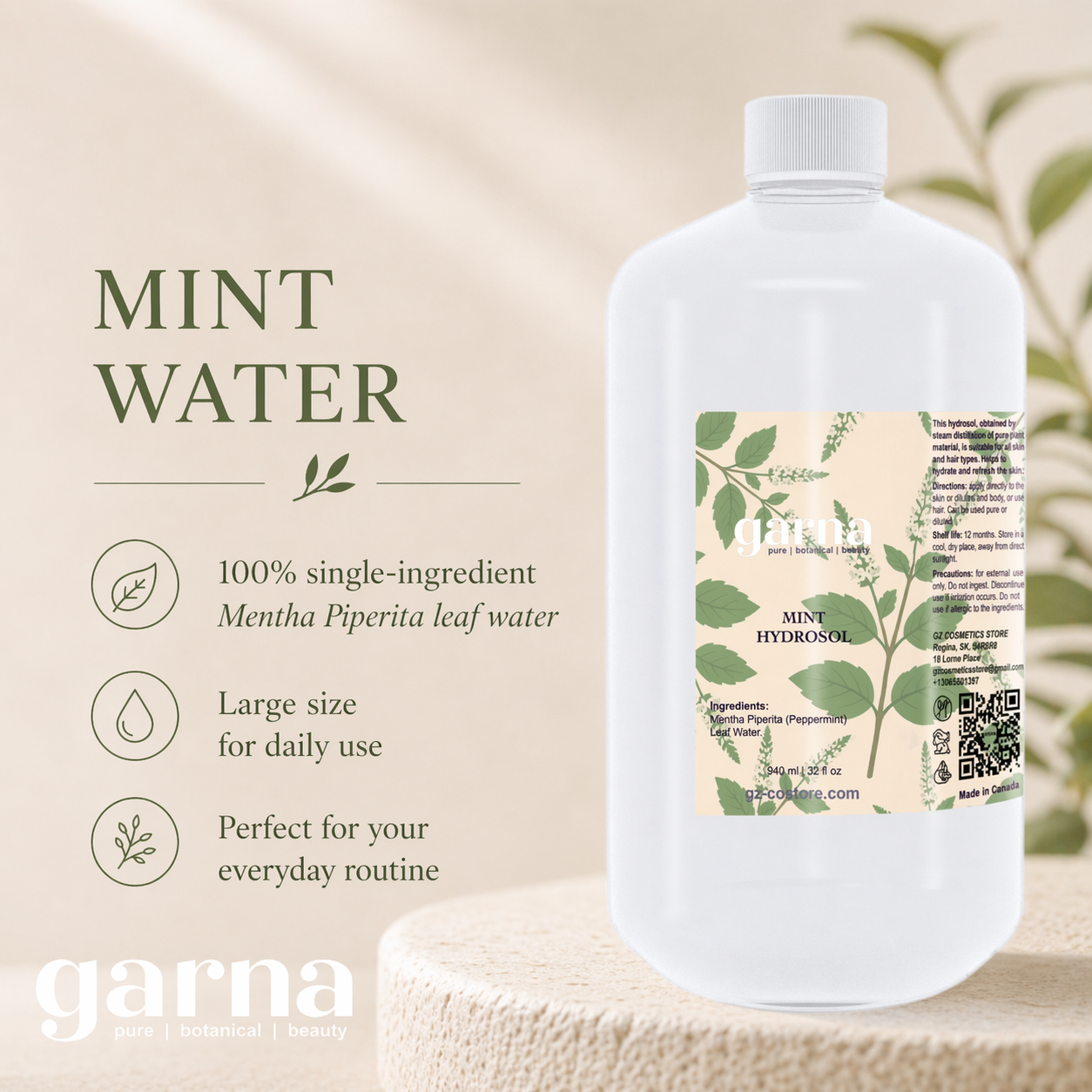 Mint Water Hydrosol 32 fl oz (946 mL) – Herbal Botanical Water for Face & Hair, Bulk Size for DIY Skincare & Refill Use
