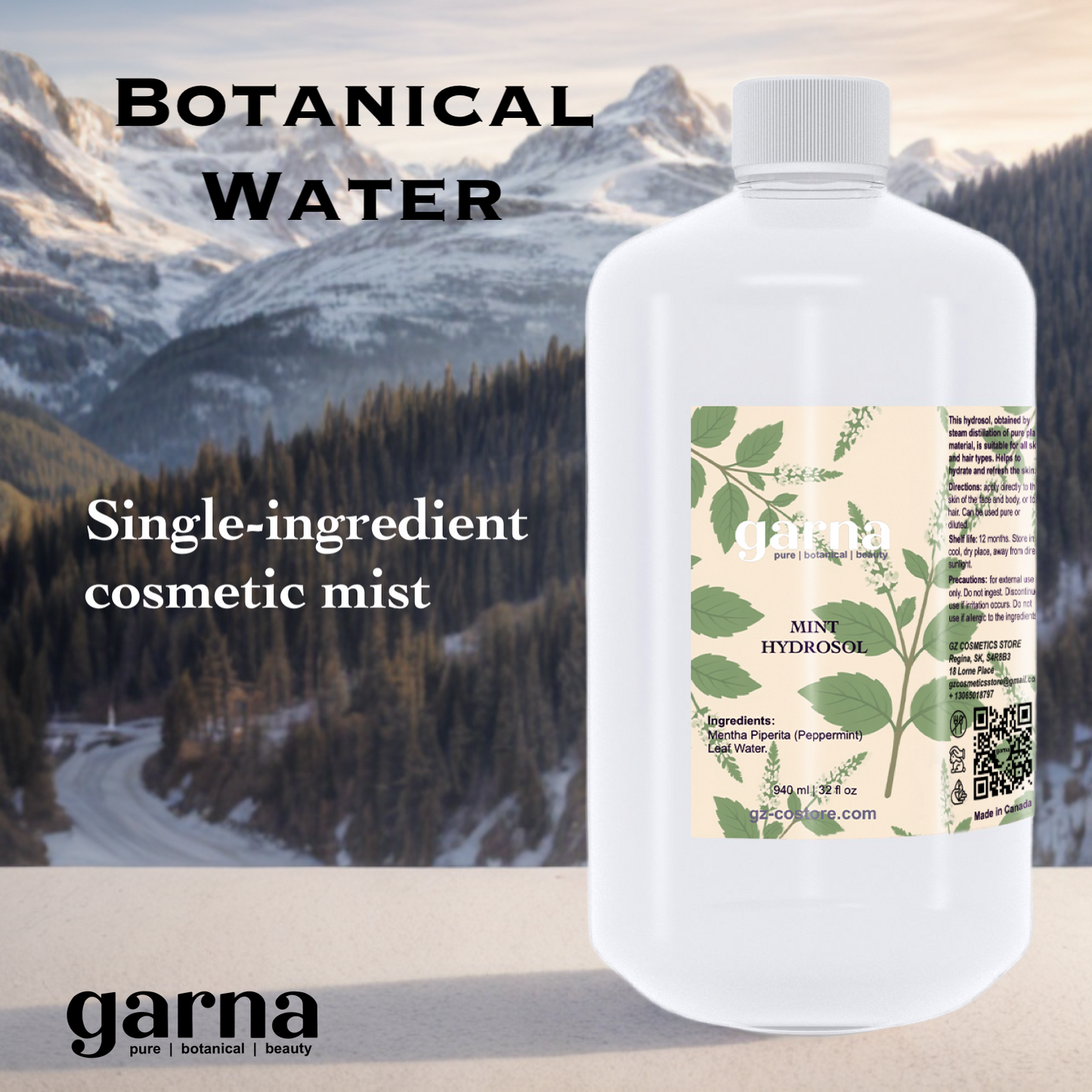 Mint Hydrosol Hydrosol Water by Garna, 32 oz bottle, botanical hydrosol water