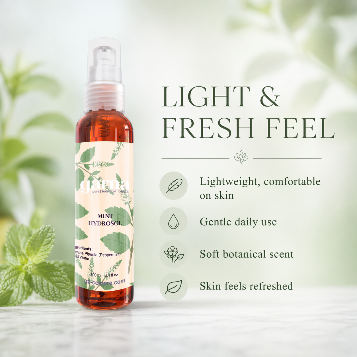 Mint Hydrosol Mist by Garna 100 ml – Botanical face & hair mist for daily use