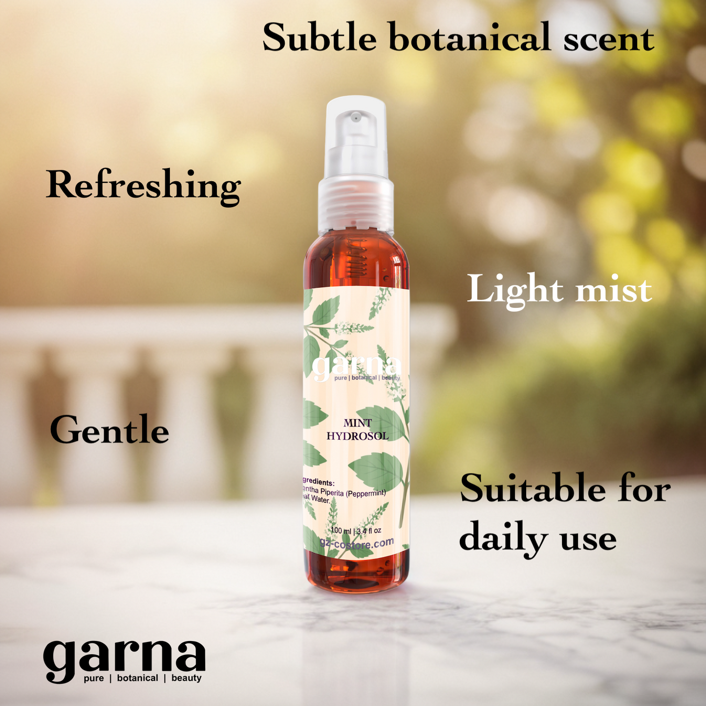 Mint hydrosol mist by Garna, 100 ml spray for face and hair – product photo