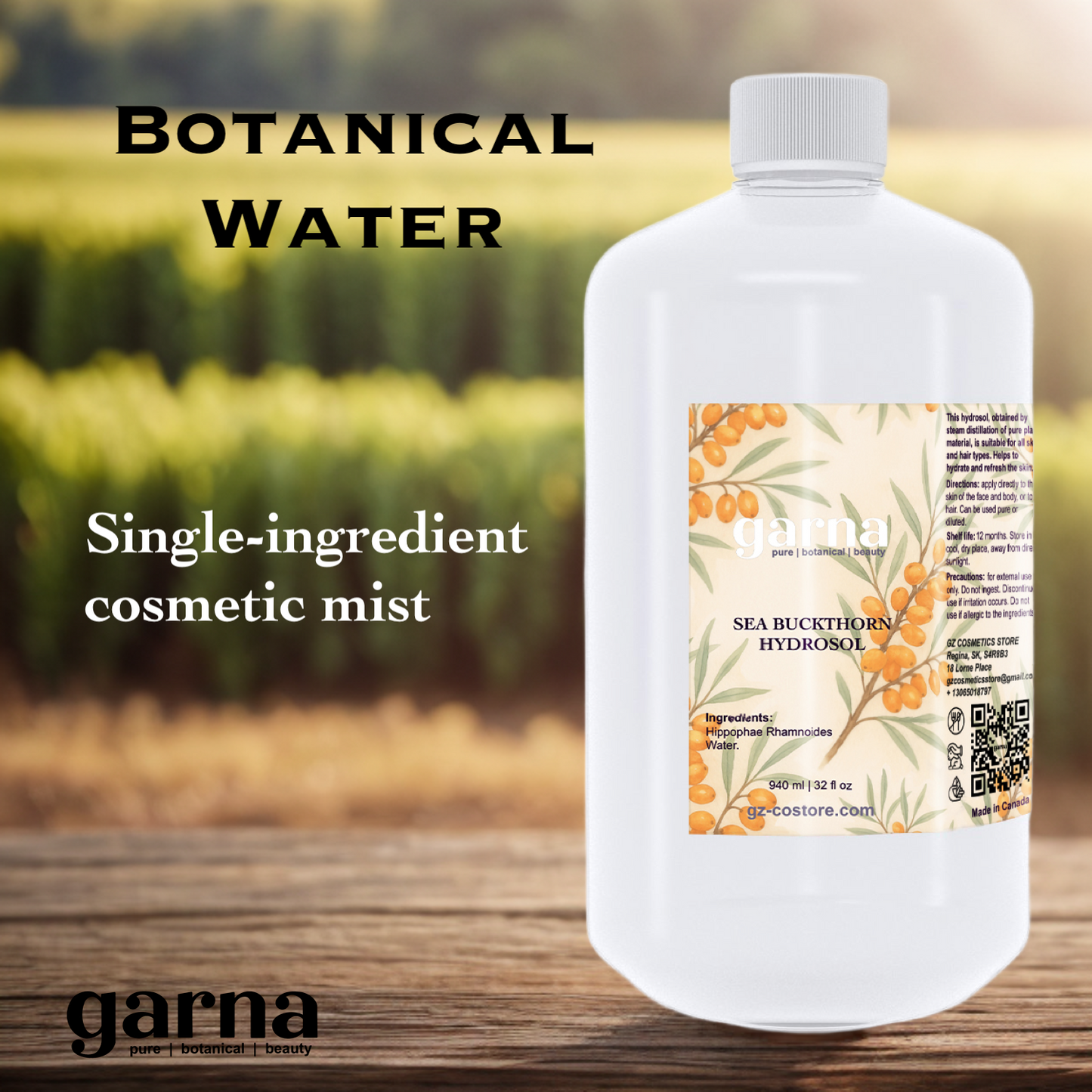 Sea Buckthorn Hydrosol Water by Garna, 32 oz bottle, botanical hydrosol water