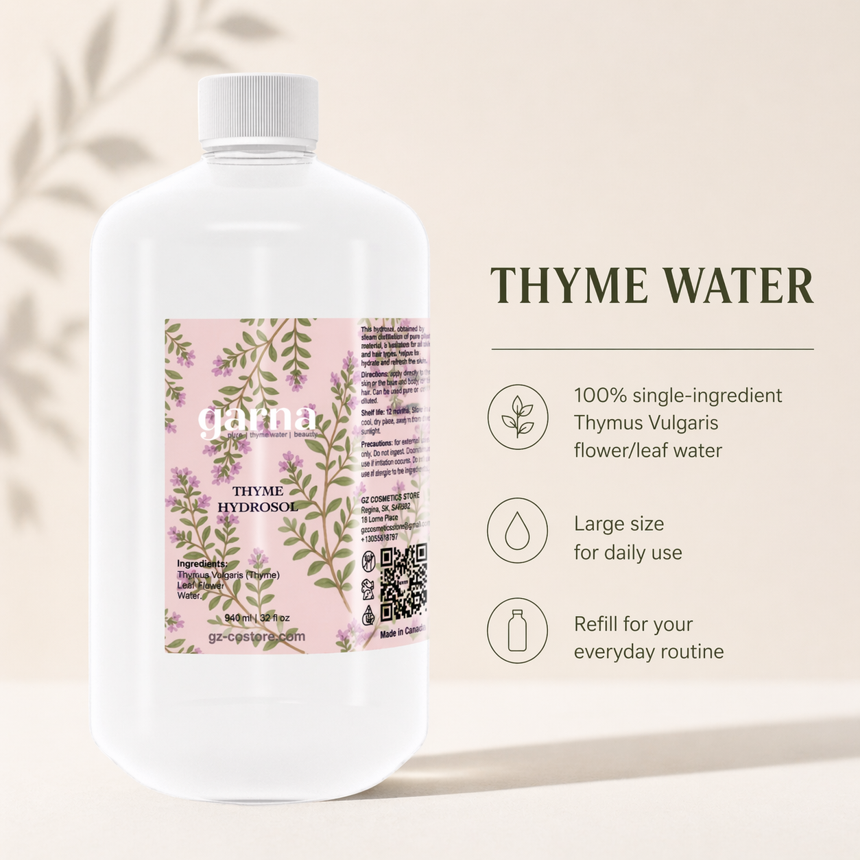 Hydrolat de thym de Garna – Eau botanique de 946 ml (32 oz) dans une simple bouteille