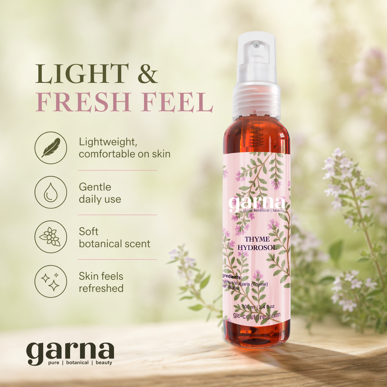 Brume d'hydrolat de thym de Garna – Brume botanique pour le visage et les cheveux, à utiliser quotidiennement