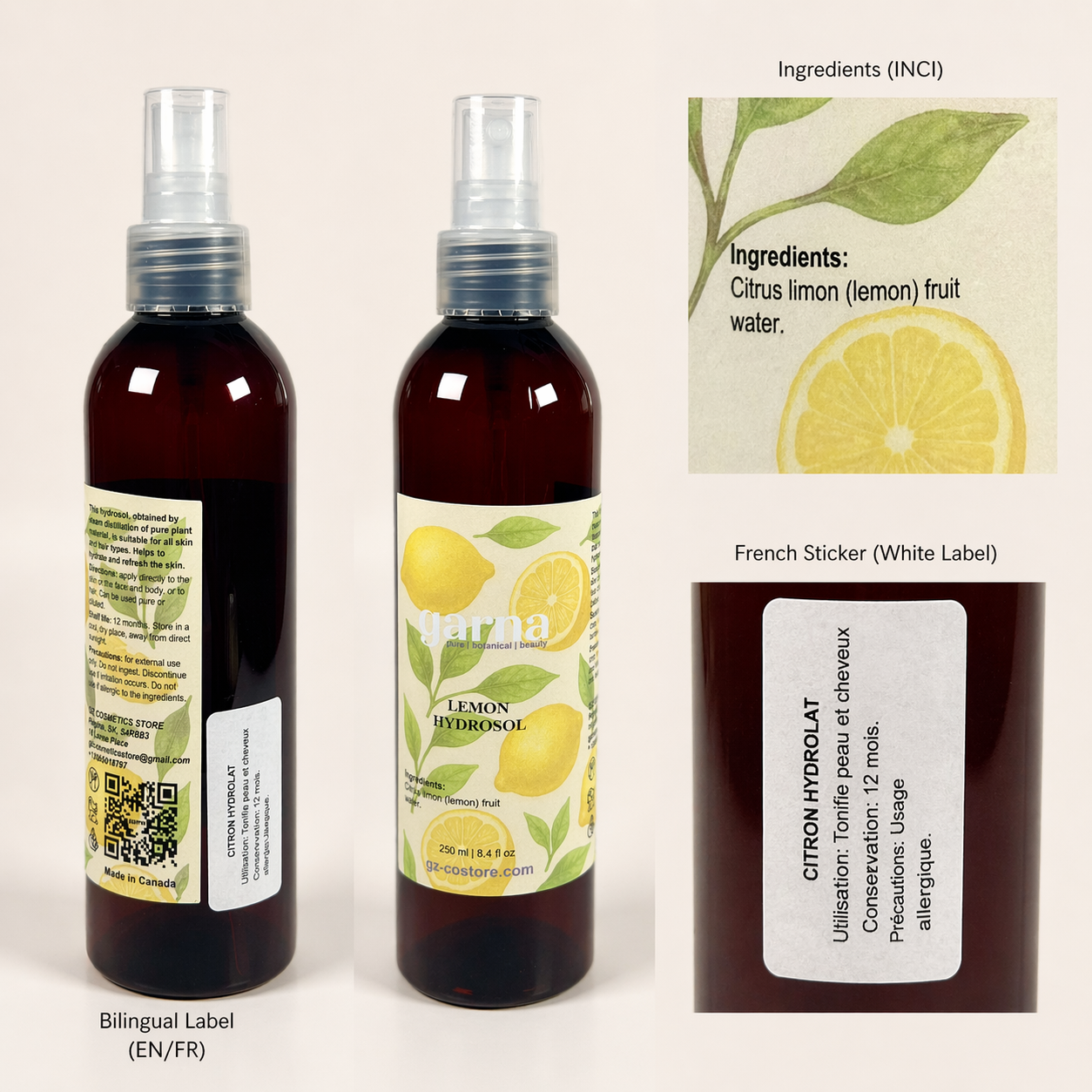 Lemon Water Face Mist Spray 250 mL (8.4 fl oz) – Citrus Hydrosol for Face & Hair, Lightweight Daily Mist