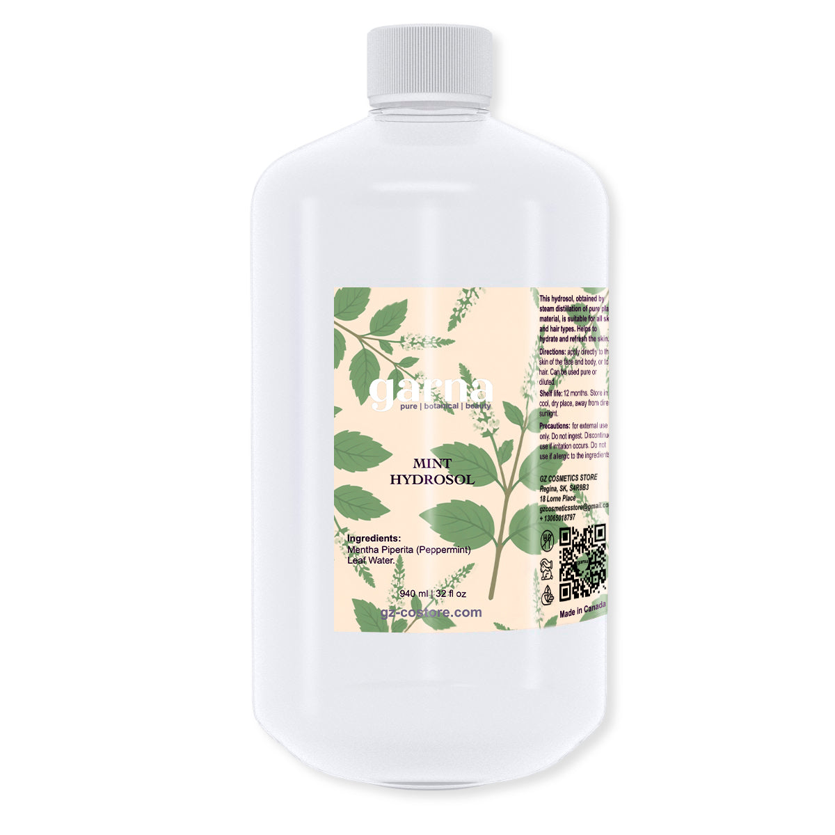 Mint Hydrosol Hydrosol Water by Garna, 32 oz bottle, botanical hydrosol water