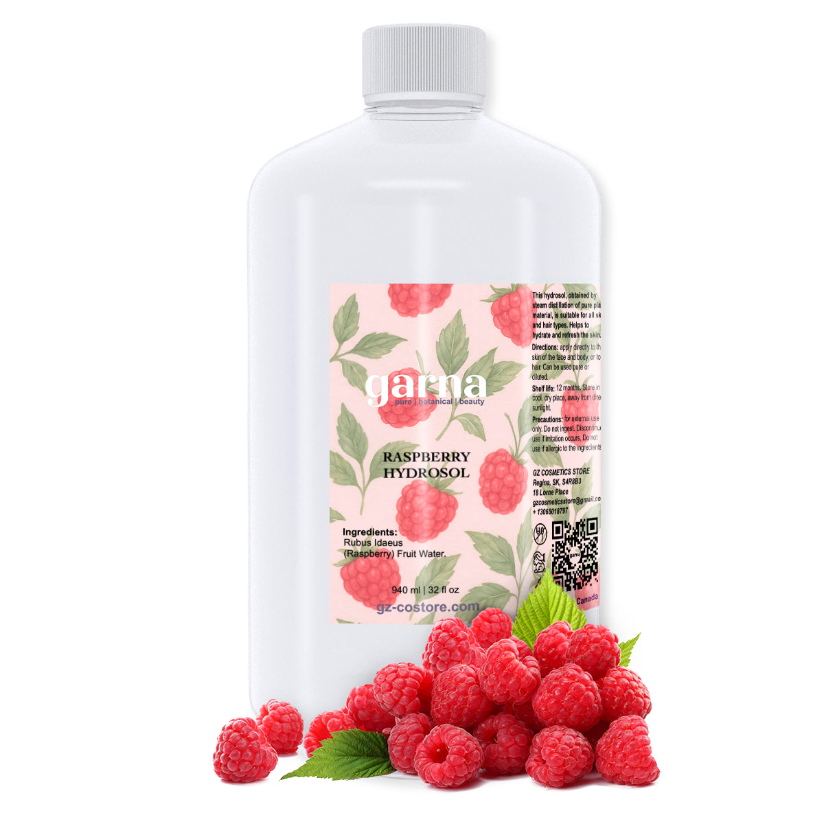 Raspberry Hydrosol Water by Garna – 32 oz botanical water in a simple botanical hydrosol by Garna