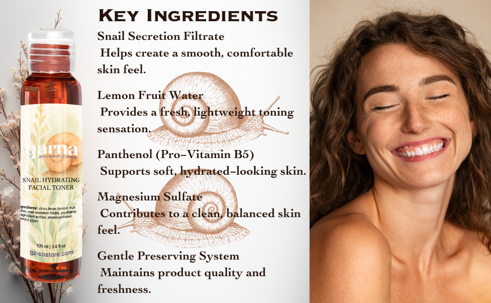Snail mucin facial toner by Garna, 100 ml skincare toner – photo 10