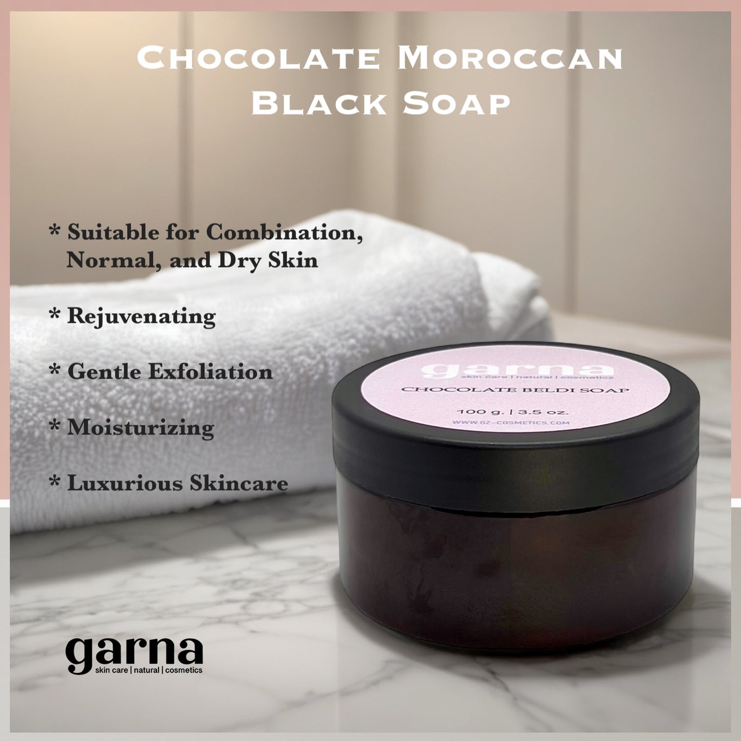 Garna Chocolate Moroccan Black Beldi Soap 3.5 oz: Peel Off Mask & Gommage Body Cleanser, Vegan Skincare