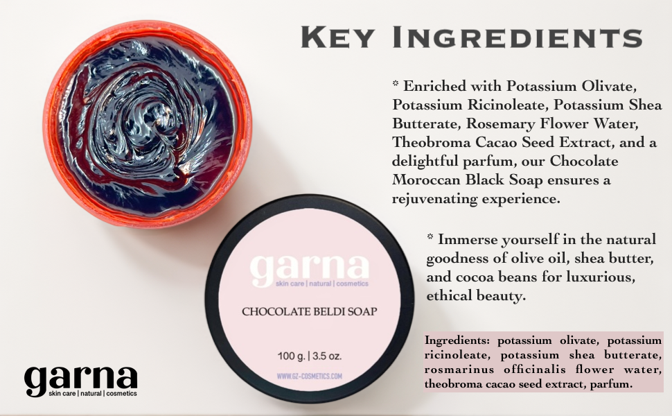 Garna Chocolate Moroccan Black Beldi Soap 3.5 oz: Peel Off Mask & Gommage Body Cleanser, Vegan Skincare