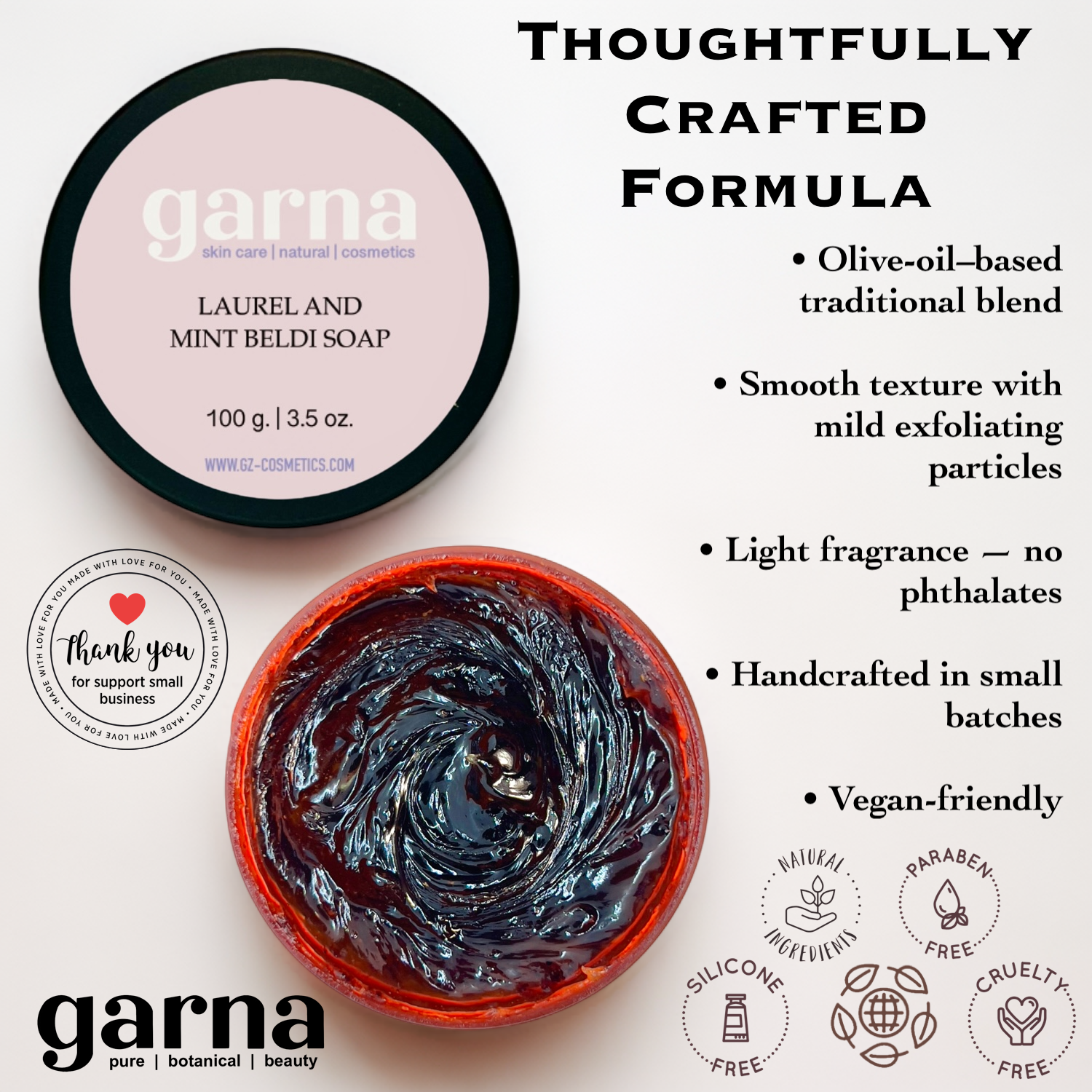 Laurel & Mint Beldi Soap by Garna (100g) – Moroccan black soap paste (beldi), photo 5