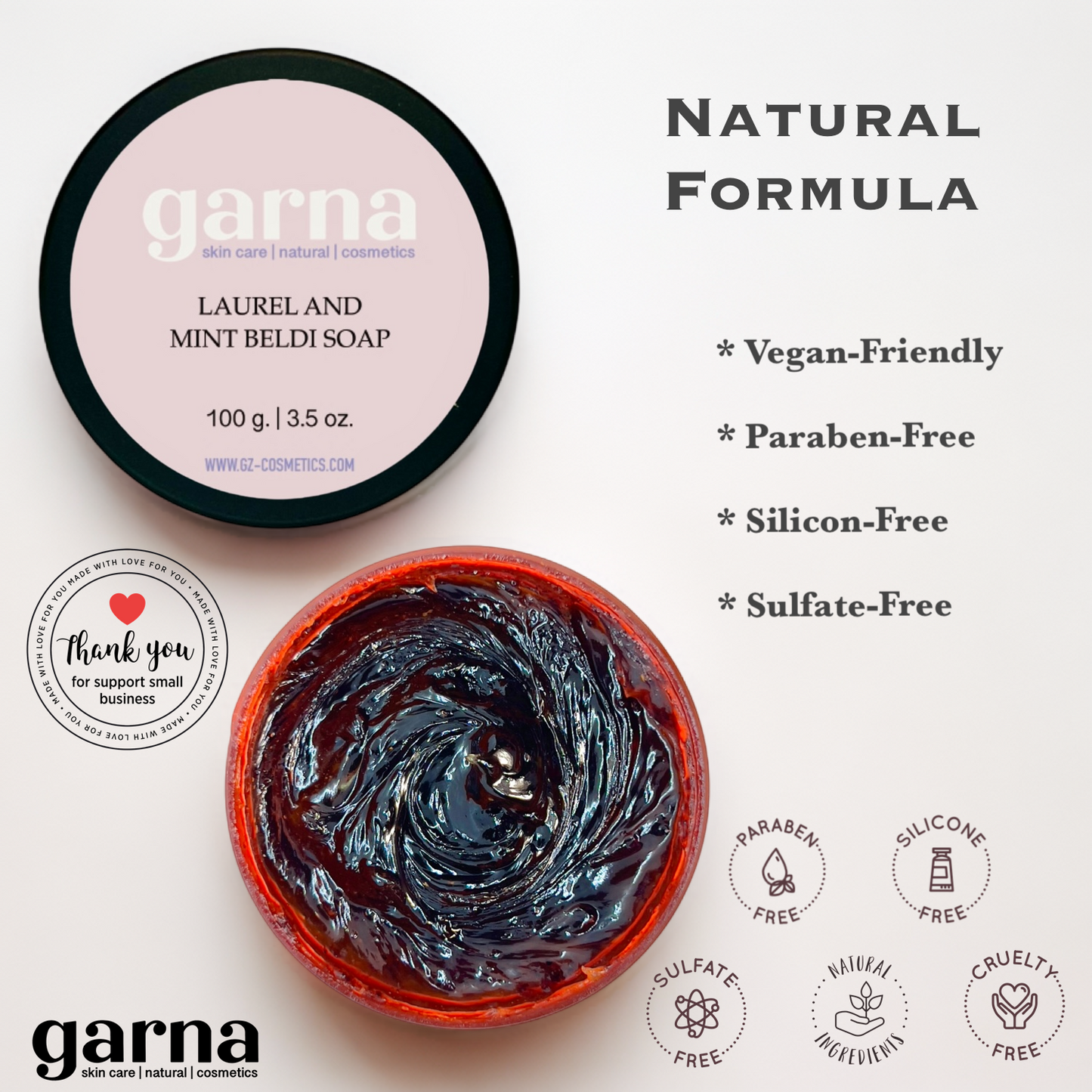 Garna Laurel & Mint Beldi Moroccan Black Soap 3.5 oz, Exfoliating Body Peeling with Bay Leaves and Olives - Traditional Hammam Spa Skin Care for Cleansing and Refreshing