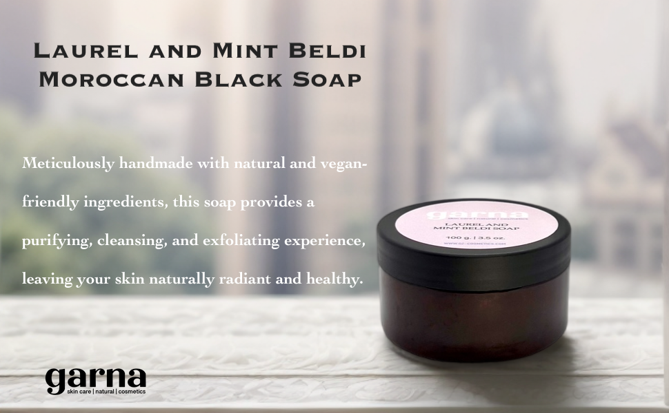 Garna Laurel & Mint Beldi Moroccan Black Soap 3.5 oz, Exfoliating Body Peeling with Bay Leaves and Olives - Traditional Hammam Spa Skin Care for Cleansing and Refreshing