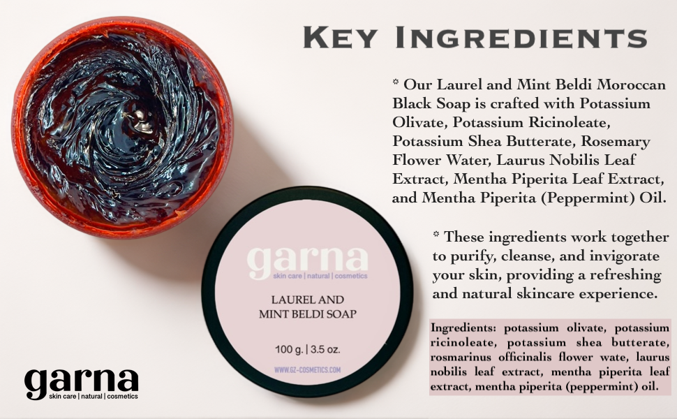 Garna Laurel & Mint Beldi Moroccan Black Soap 3.5 oz, Exfoliating Body Peeling with Bay Leaves and Olives - Traditional Hammam Spa Skin Care for Cleansing and Refreshing