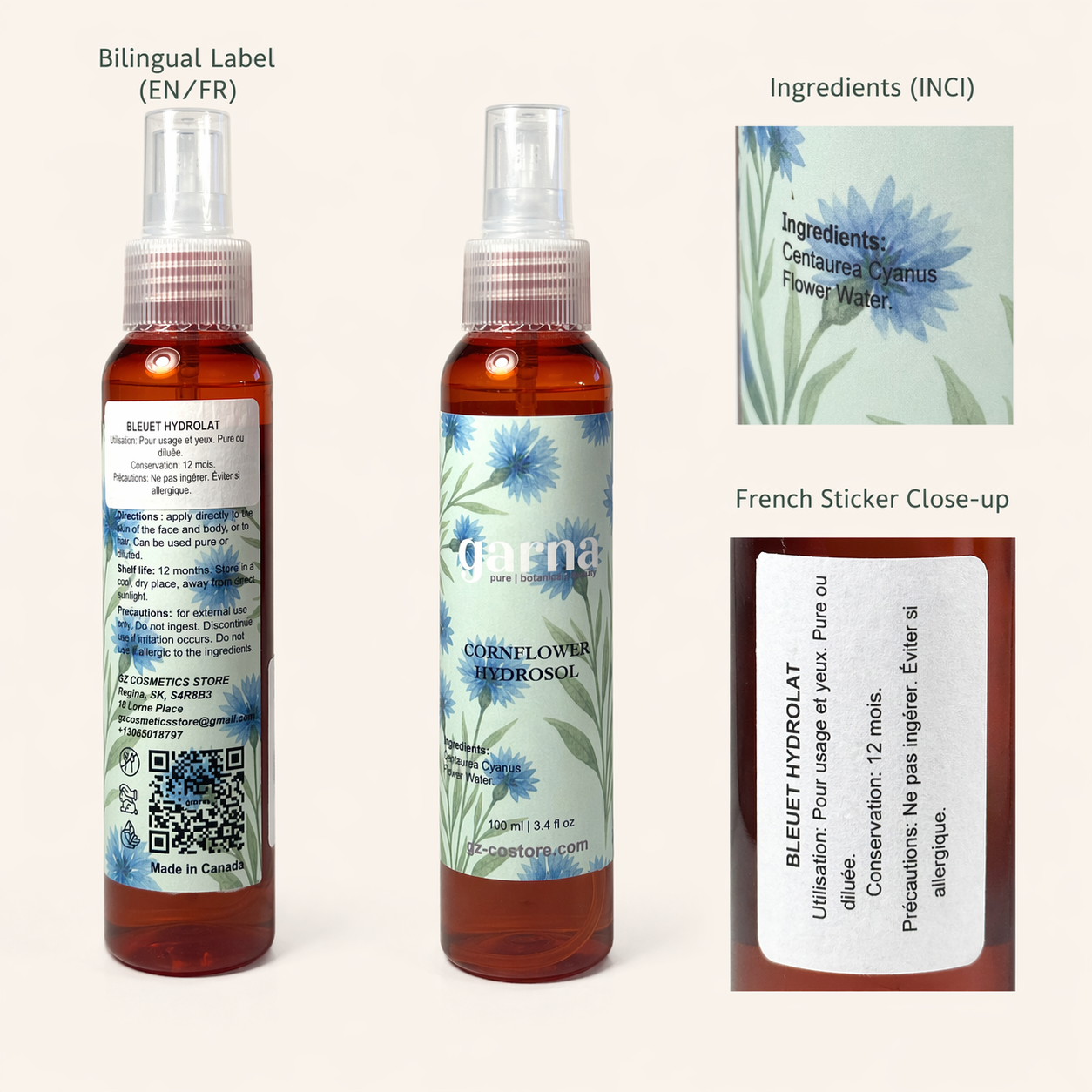 Cornflower Water 100 ml Hydrosol Mist by Garna – gentle botanical mist for face and hair
