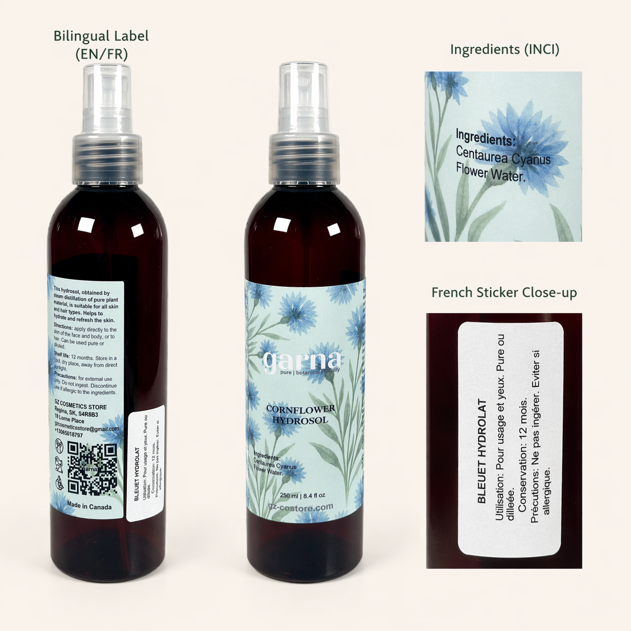 Cornflower Water Face Mist Spray 250 mL (8.4 fl oz) – Floral Hydrosol for Face & Hair, Lightweight Daily Mist