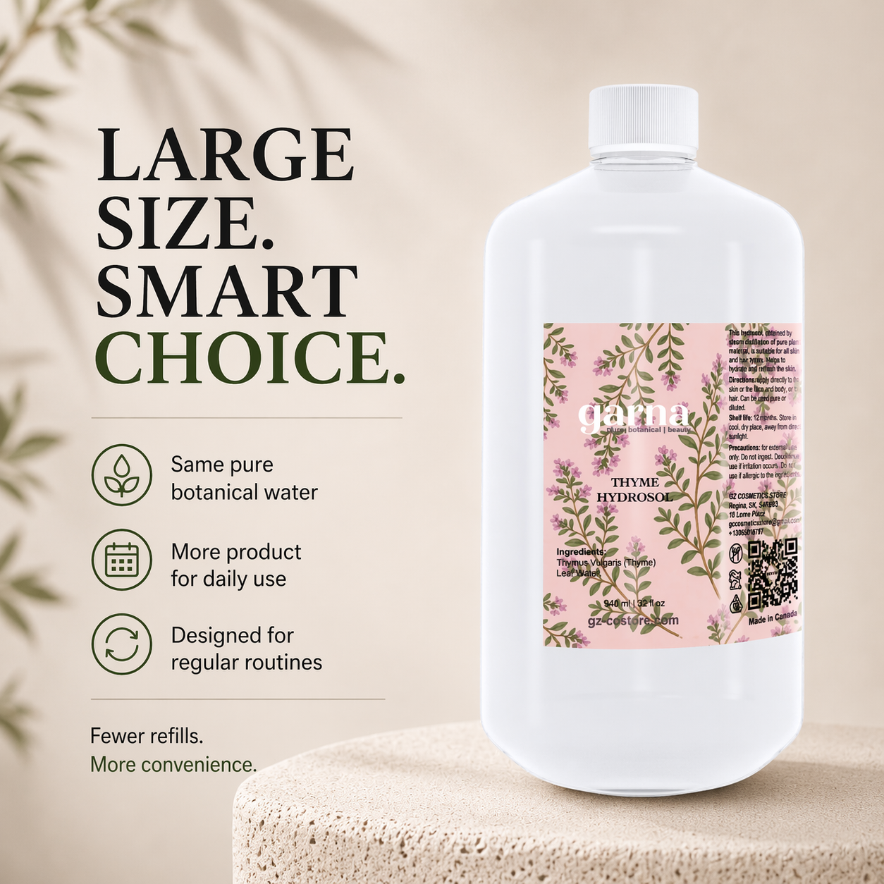 Hydrolat de thym de Garna – Eau botanique de 946 ml (32 oz) dans une simple bouteille