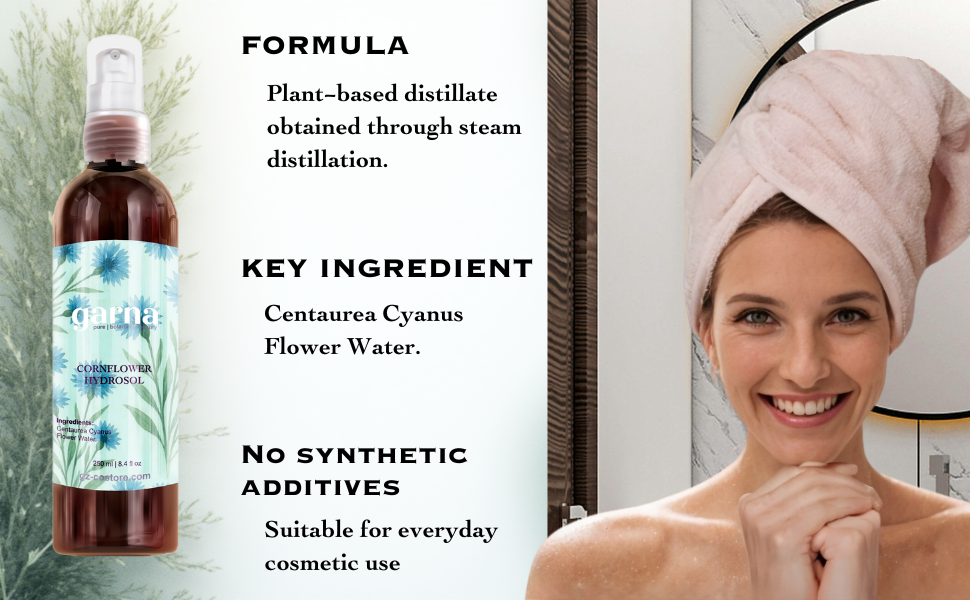 Cornflower Hydrosol Mist 250ml for Face & Hair by Garna, botanical product photo