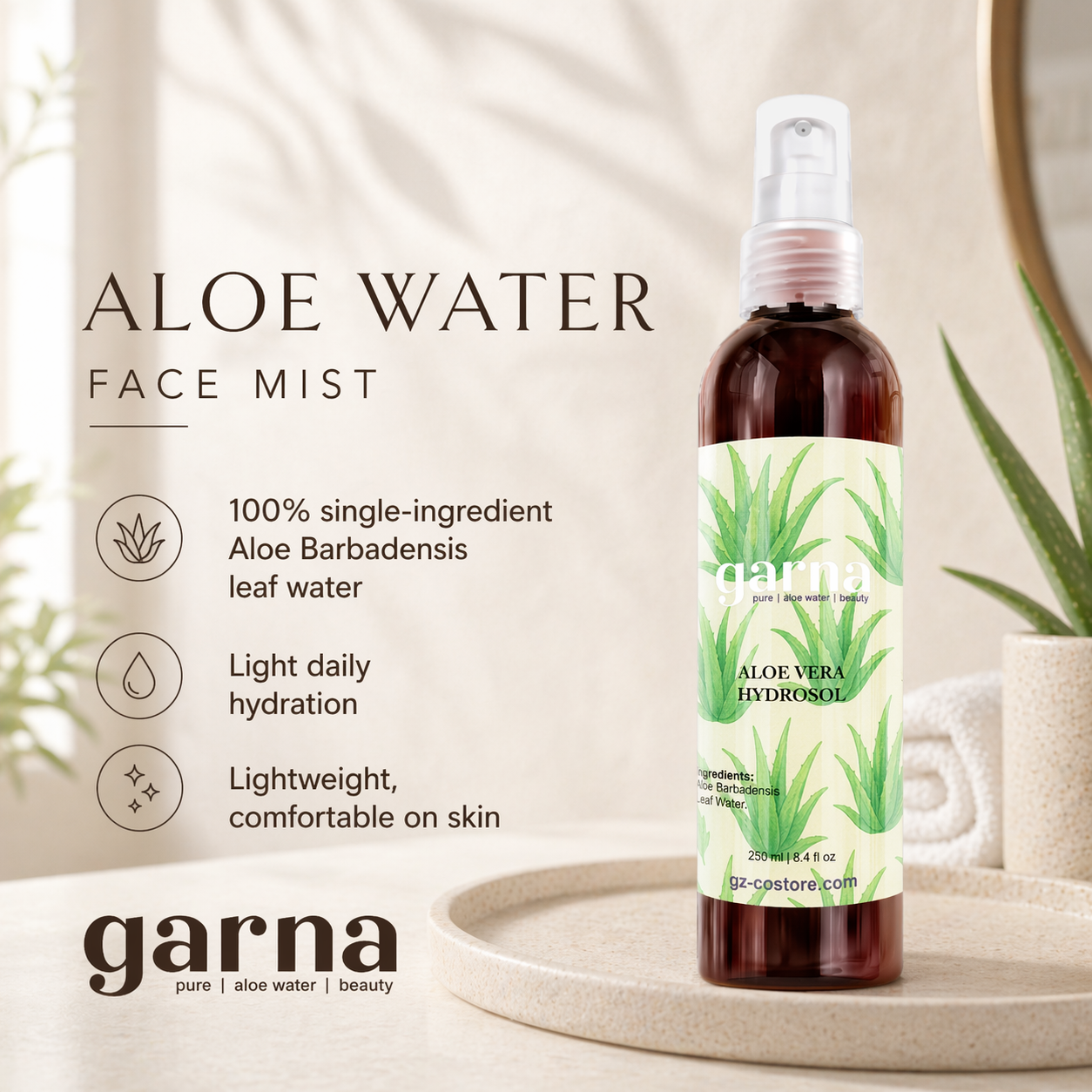 Aloe Vera Water Face Mist Spray 250 mL (8.4 fl oz) – Hydrosol for Face & Hair, Lightweight Botanical Mist, Daily Use