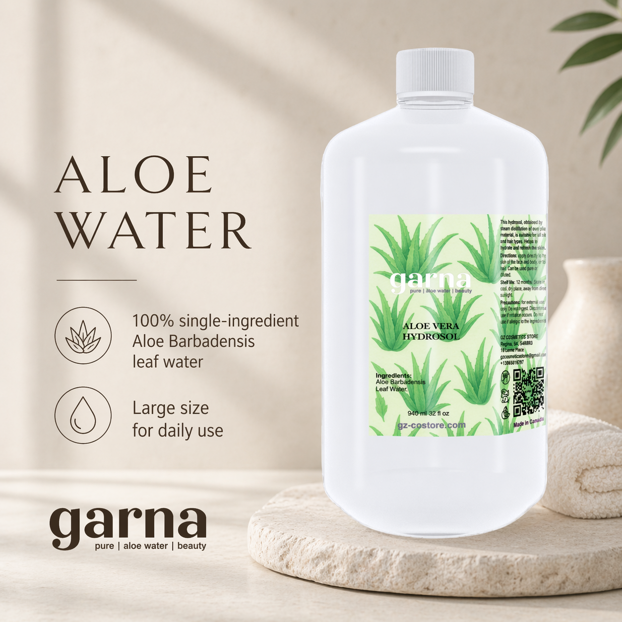 Eau hydrolat d'aloès de Garna – 946 ml d'eau botanique dans une simple bouteille