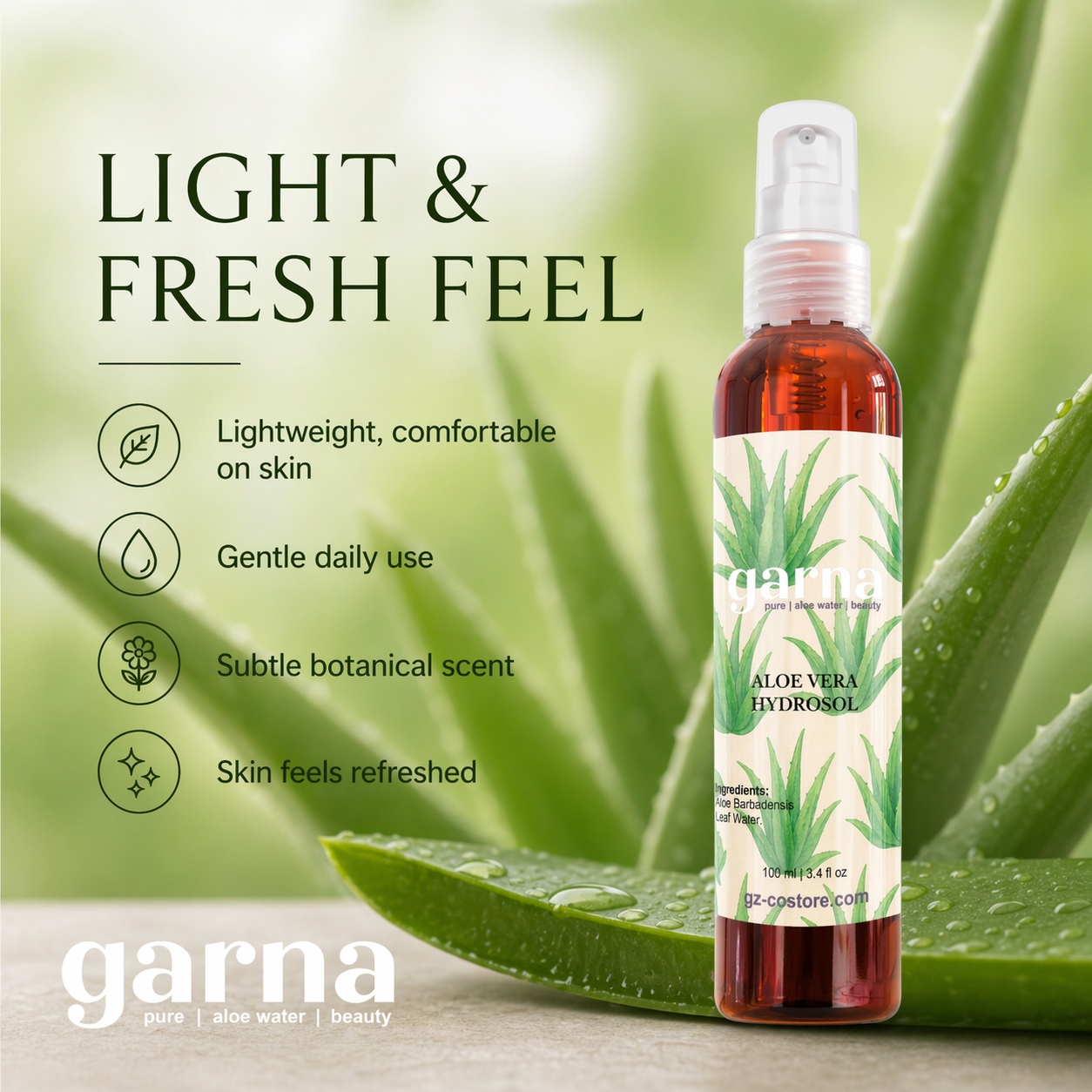 Aloe Hydrosol Mist by Garna 100 ml – light face & hair mist for a fresh routine