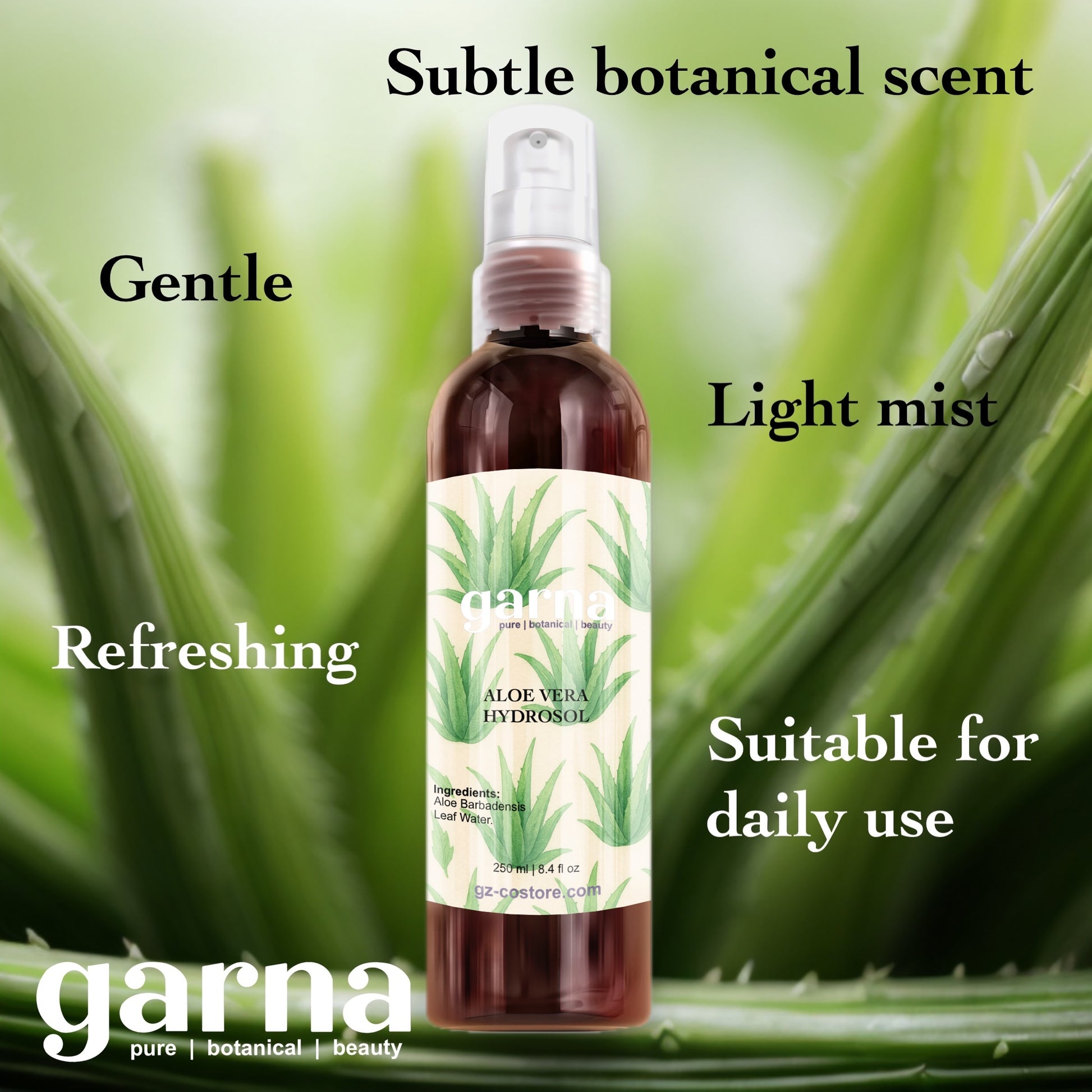 Aloe Hydrosol Mist 250ml for Face & Hair by Garna, botanical product photo