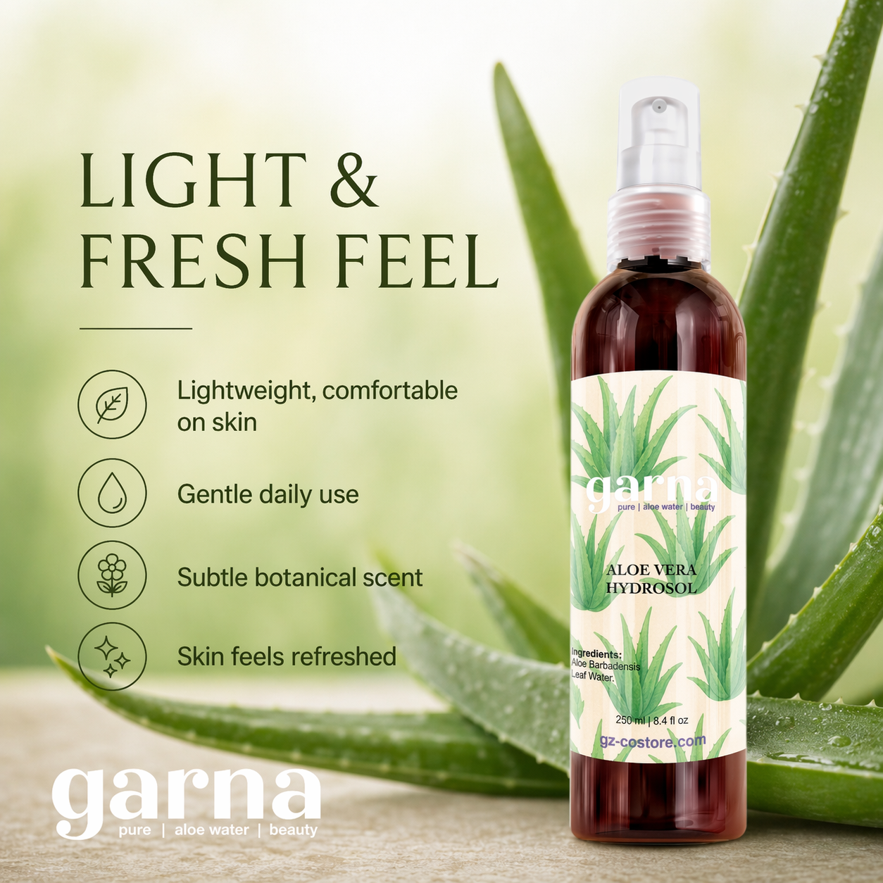Aloe Vera Water Face Mist Spray 250 mL (8.4 fl oz) – Hydrosol for Face & Hair, Lightweight Botanical Mist, Daily Use